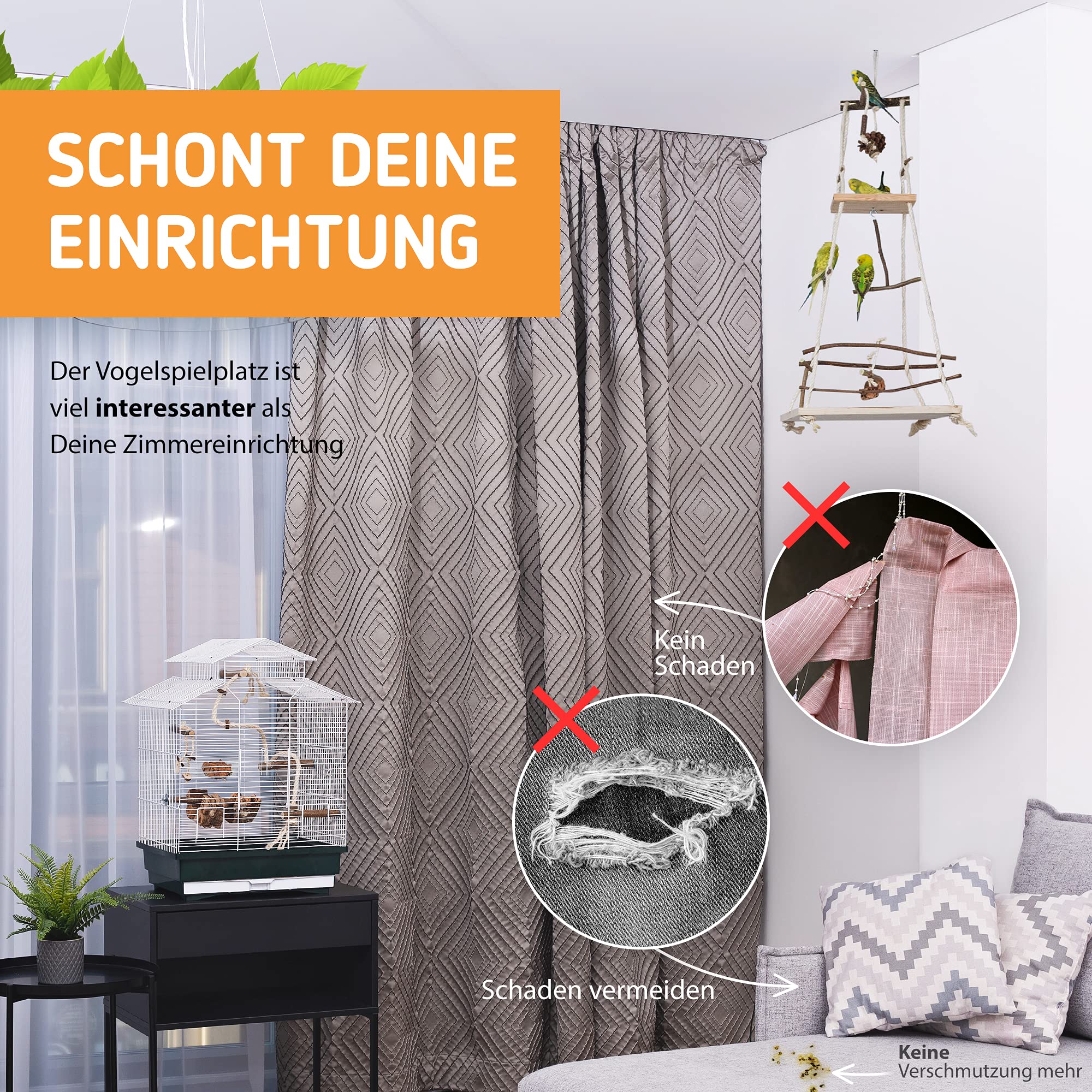 Vogelgaleria® XXL Vogelschaukel Vogelspielplatz hängend | Tolles Vogelspielzeug für Wellensittich, Nymphensittich & Co.