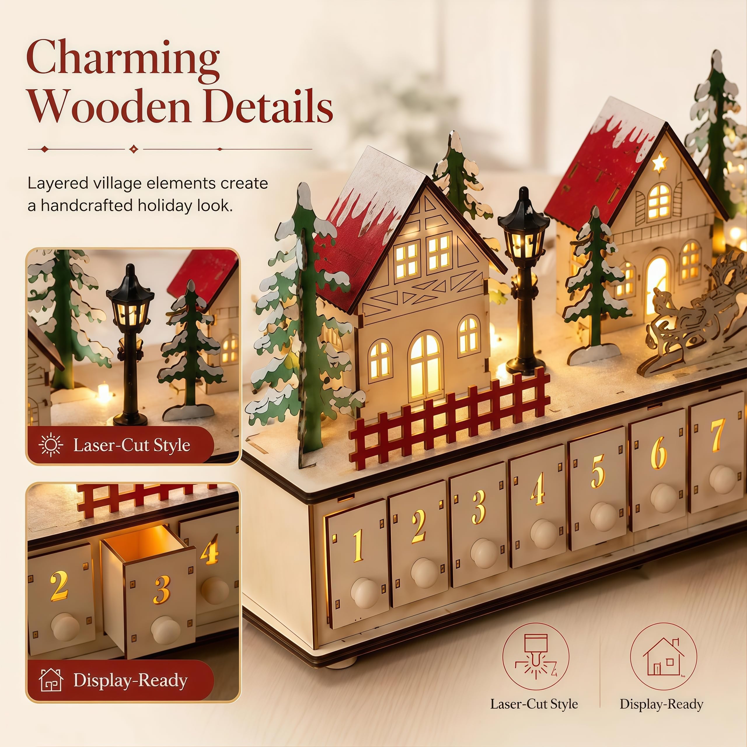 Adventskalender zum Befüllen Holz, Weihnachtdeko Häuser Adventskalender 2026 mit Licht, 24 Tage Weihnachtskalender Selbst Befüllen für Tisch, Kamin, Schlafzimmer、A