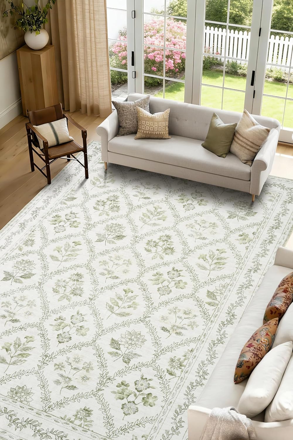 Sage Green Rugs for Bedroom 6x9 Area Rug for Living Room Machine Washable Light Green Cream Beige Printed Non-Slip Vintage Floral Distressed Indoor Boho Farmhouse Carpet for Dining Room Home