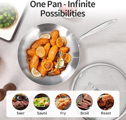 Miniatura 4 de LOLYKITCH Juego de sartenes de acero inoxidable de 8 a 10 pulgadas con tapa, sartenes, sartén de chef de inducción, ollas y sartenes, apto para