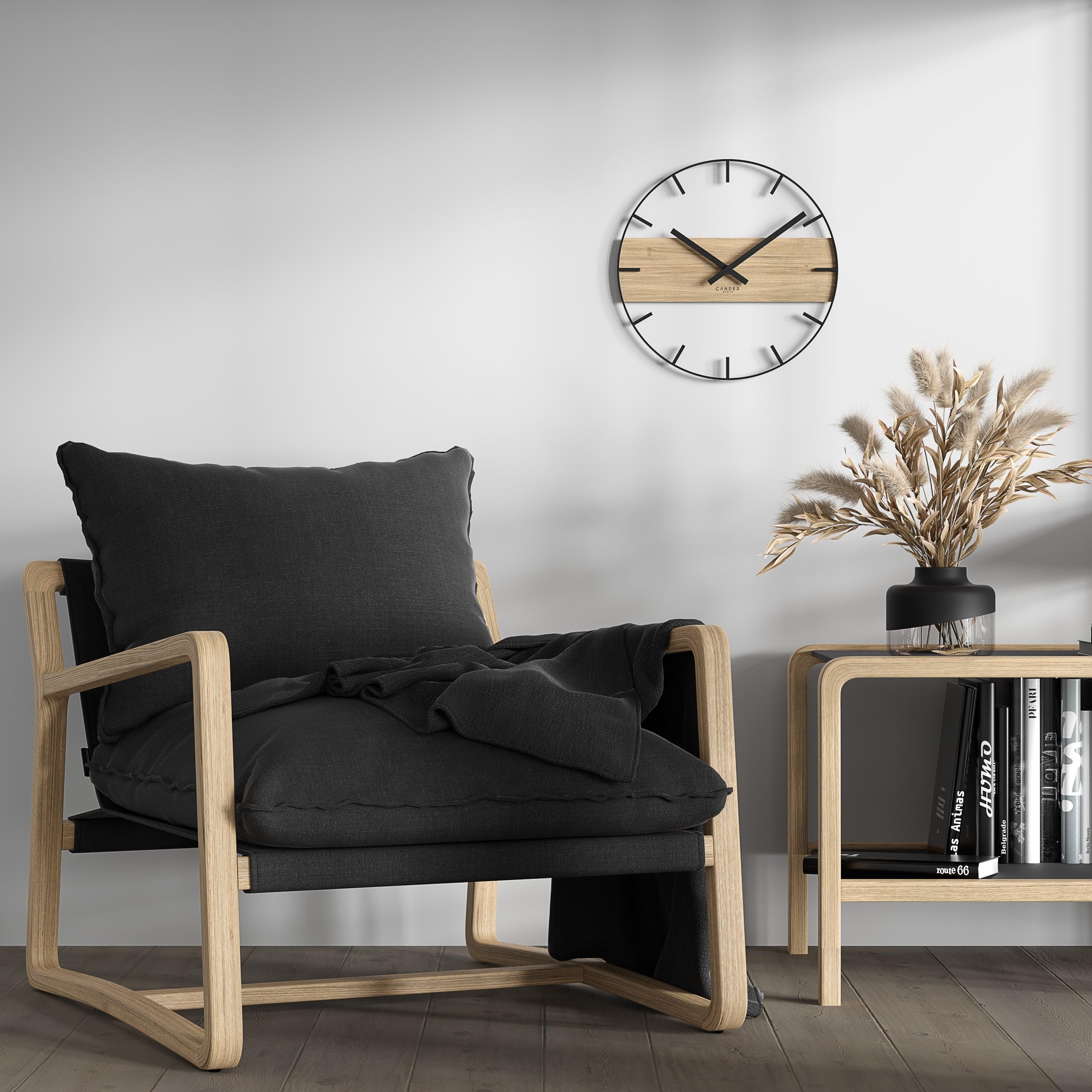 Cander Berlin MARLIT Vintage Wanduhr lautlos 33 cm Metall Holz Eichenfurnier ohne Tickgeräusche modern schwarz Wohnzimmer