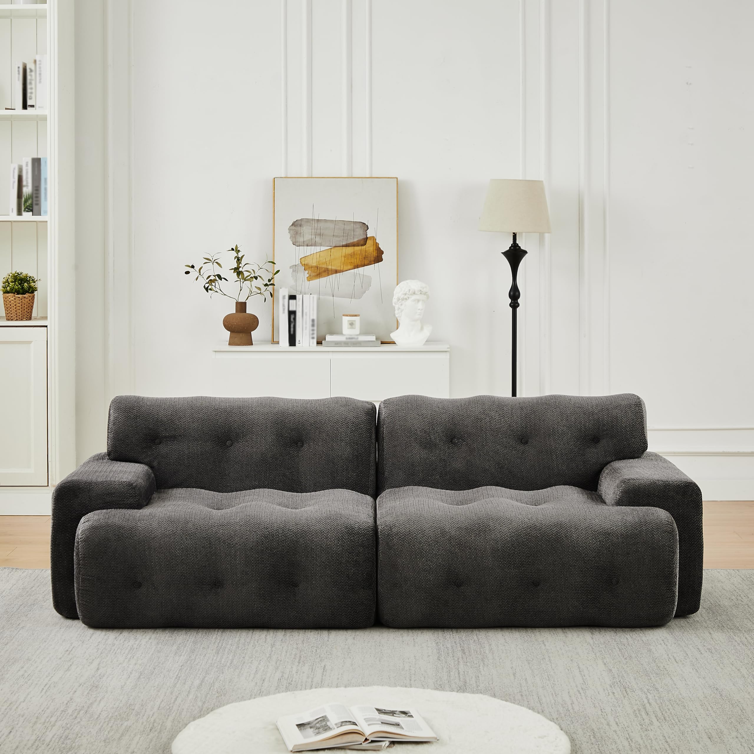 Cloud Sofa 2-osobowa, bardzo duża – modułowa sofa boneless z ornamentem na guziki, szerokie podłokietniki, szenilowe, łukowate, bez montażu, do salonu, szara