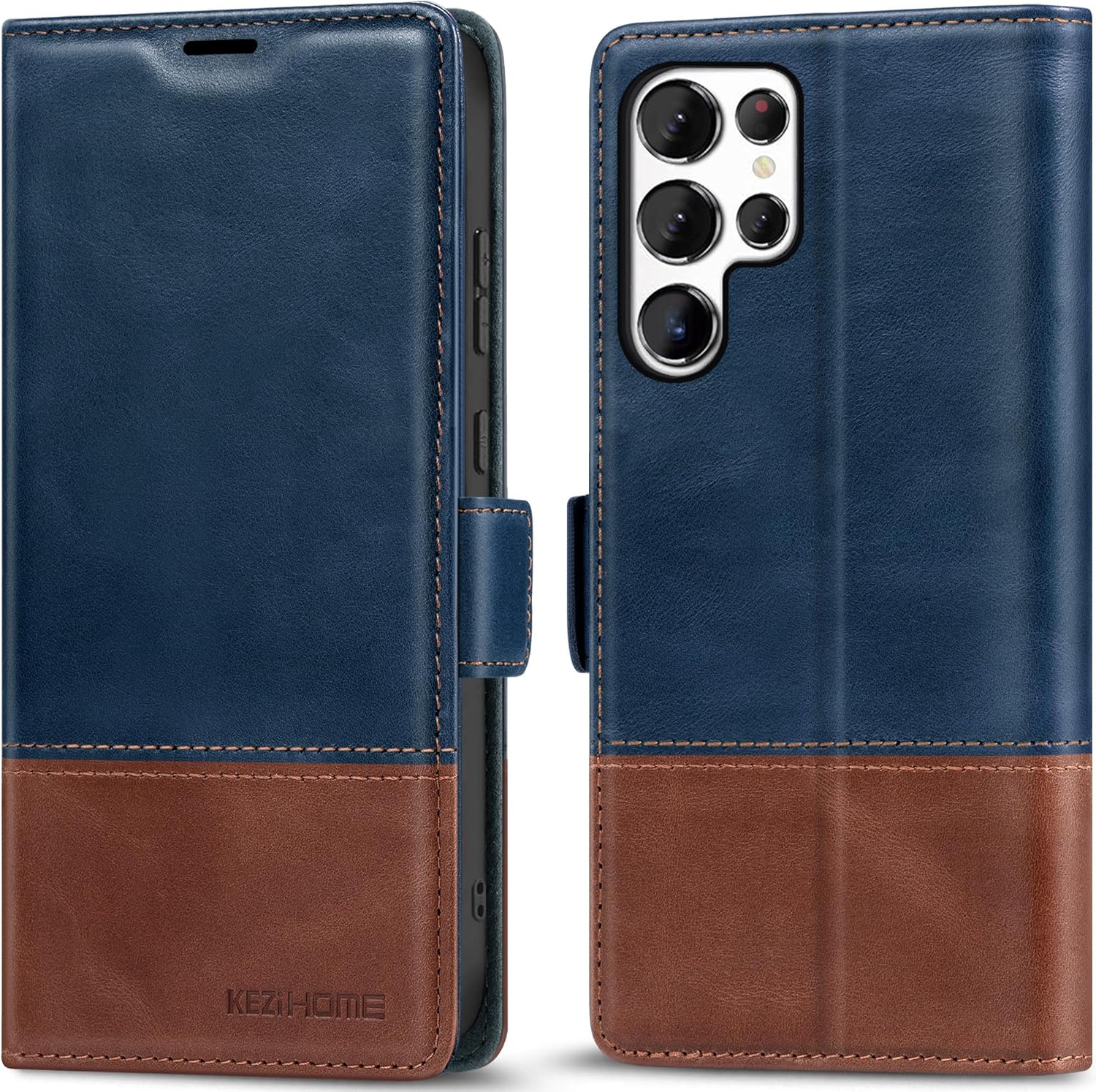 KEZiHOME for Samsung Galaxy S25 Ultra Case, Genuine Leather [RFID Blocking] Galaxy S25 Ultra Wallet Case, Card Slot Flip Magnetic Stand Phone Cover Compatible with Samsung S25 Ultra (Royal Blue/Brown)