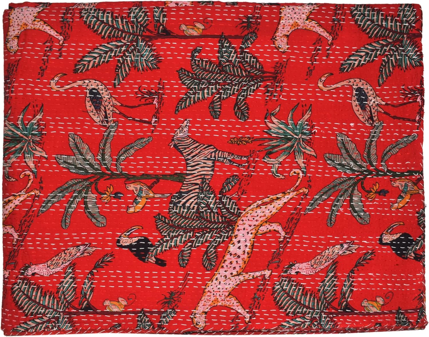 New Indian Cotton Gudari Queen Size Kantha Quilt Animal Print Bedcover Beautiful Red Coverlet New Indian Cotton Bedspread 900x108''