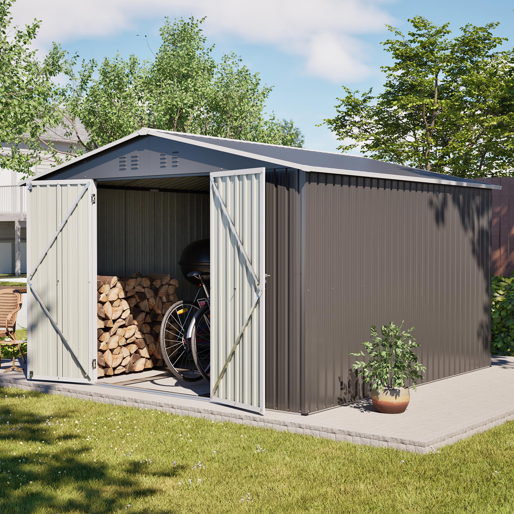 Metall Gerätehaus 300x300 cm Anthrazit, abschließbarer Gartenschuppen mit Bodenrahmen, wetterfester Stahl Geräteschuppen, Fahrradgarage