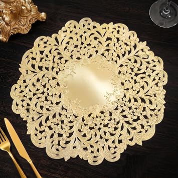 FAVE Set of 6 Gold Round Placemats, Gold Embossed Design 15 Inch