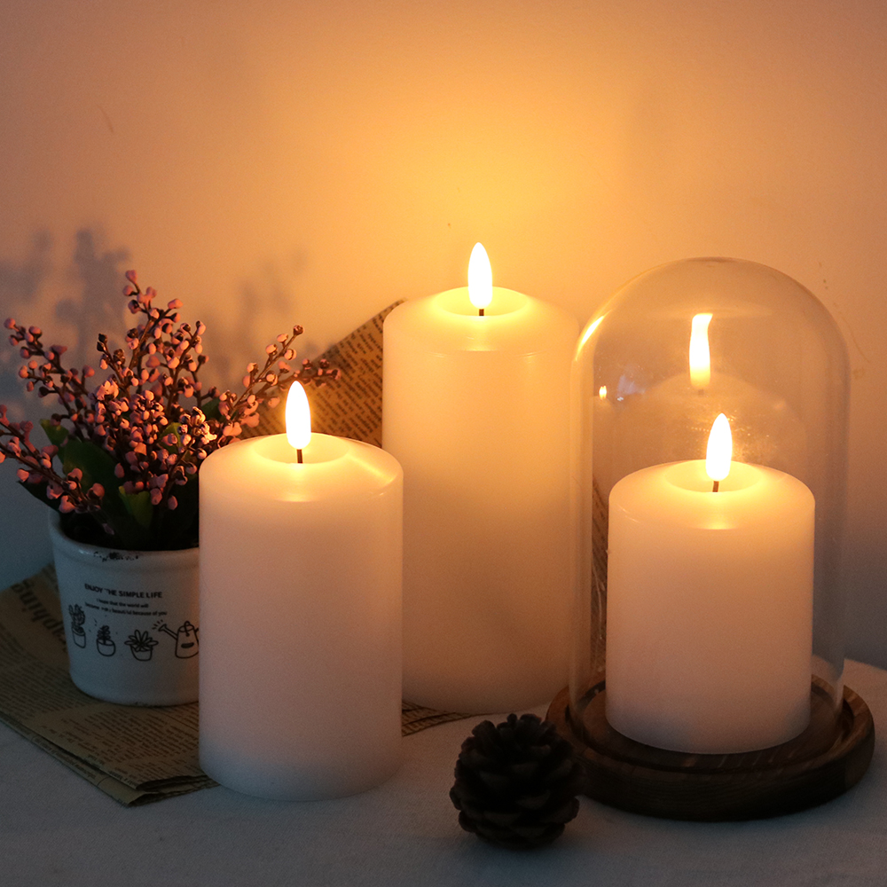 Image of GenSwin 3D Wick Flameless Flickering Candles Battery Operated with Remote Timer, Real Wax Pillar LED Votive Candles Warm Light, Set of 3 Party /Wedding /Home Decor(White, D3 inch x H4.6 inch 5.8 inch 6.8 inch)