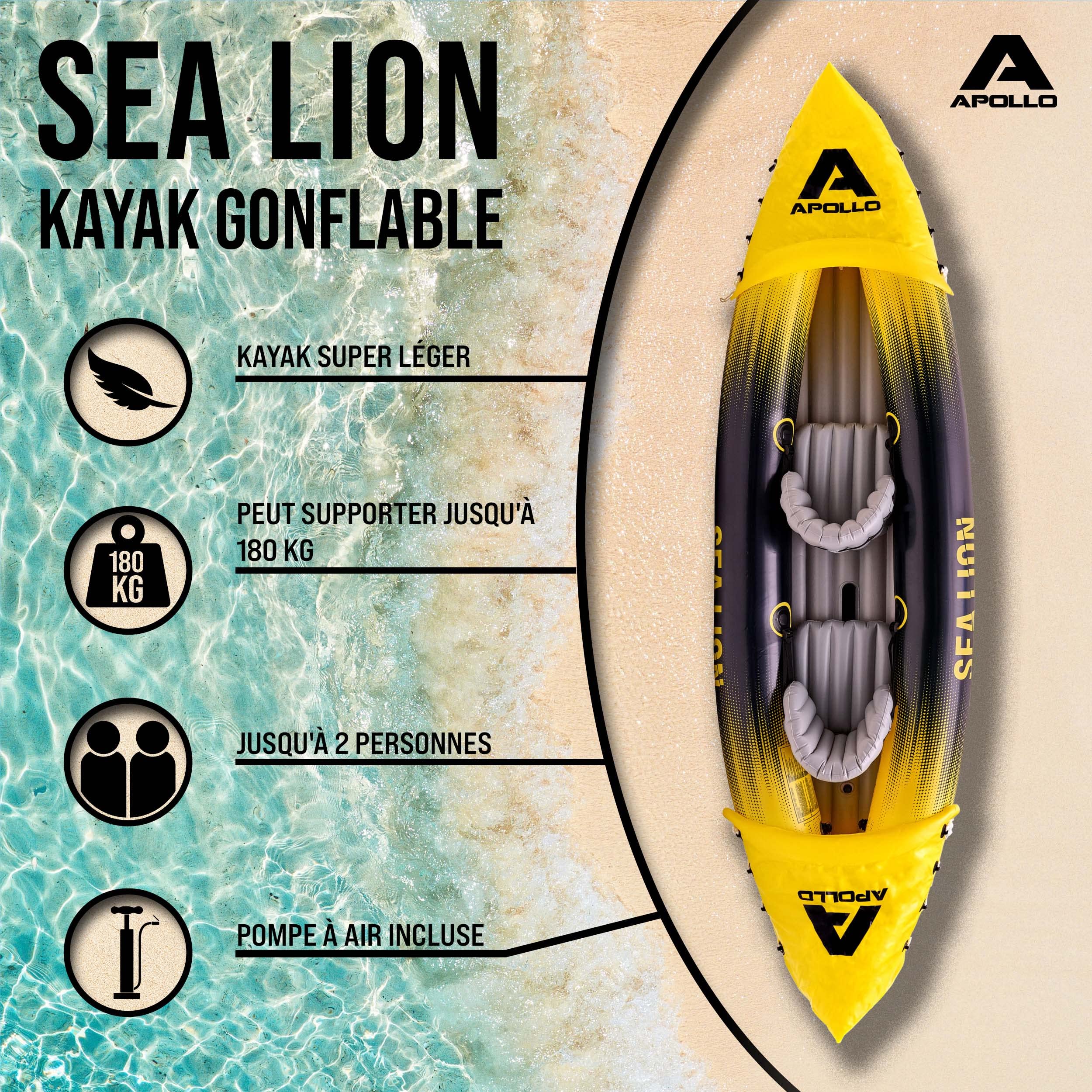 Apollo - Kayak Sea Lion - Kayak gonflable extra spacieux - 312 x 91 x 51 cm - Canoë stable et léger - Kayak gonflable confortable et maniable - Pour 2 personnes - Occupation maximale - Kit complet