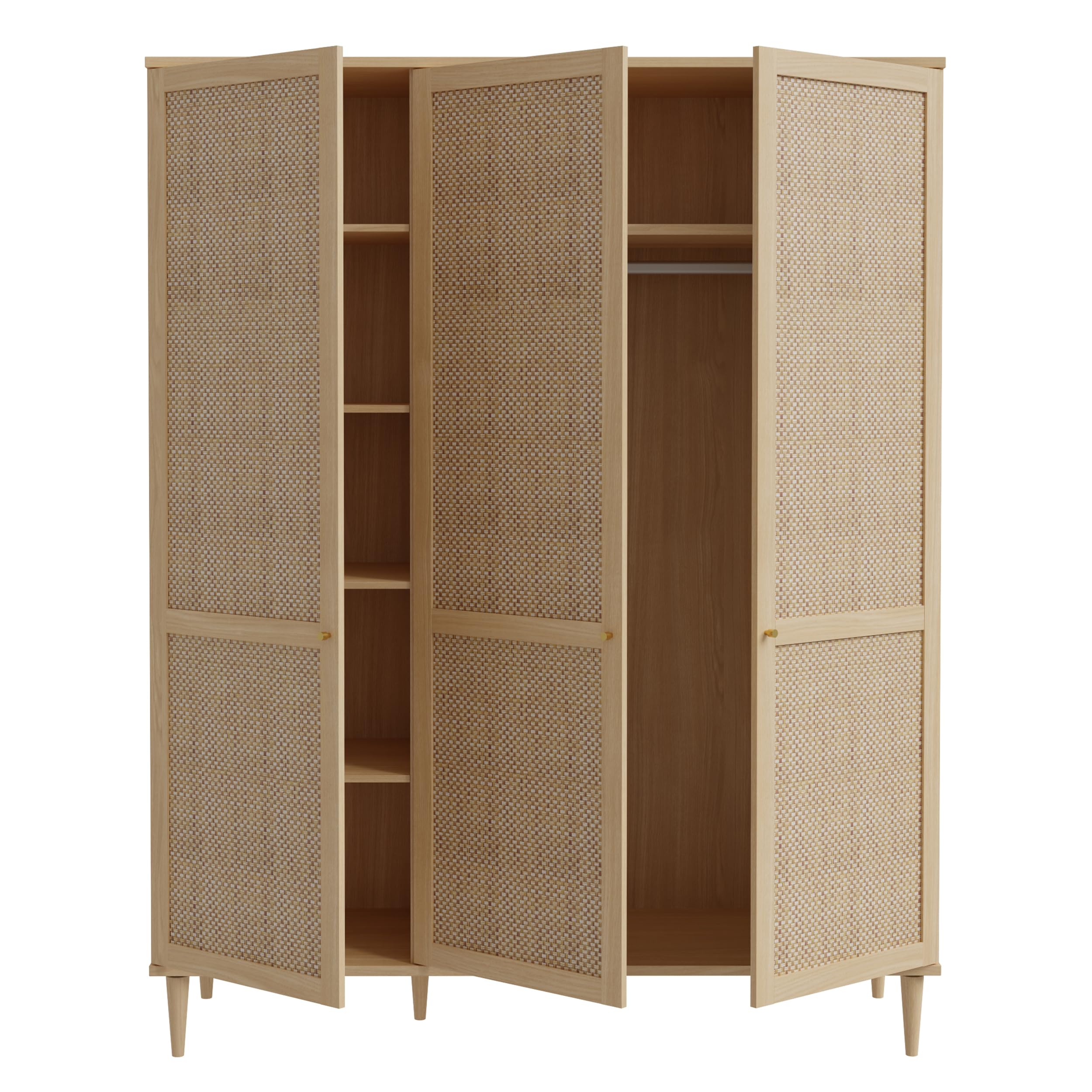 FORTE Calasetta Armadio 165 cm stile boho intrecciato viennese armadio con 3 ante appendiabiti in legno decorazione: Elegancia Rovere/Technorattan, 165 cm di larghezza x 208 cm di altezza x 52 cm di