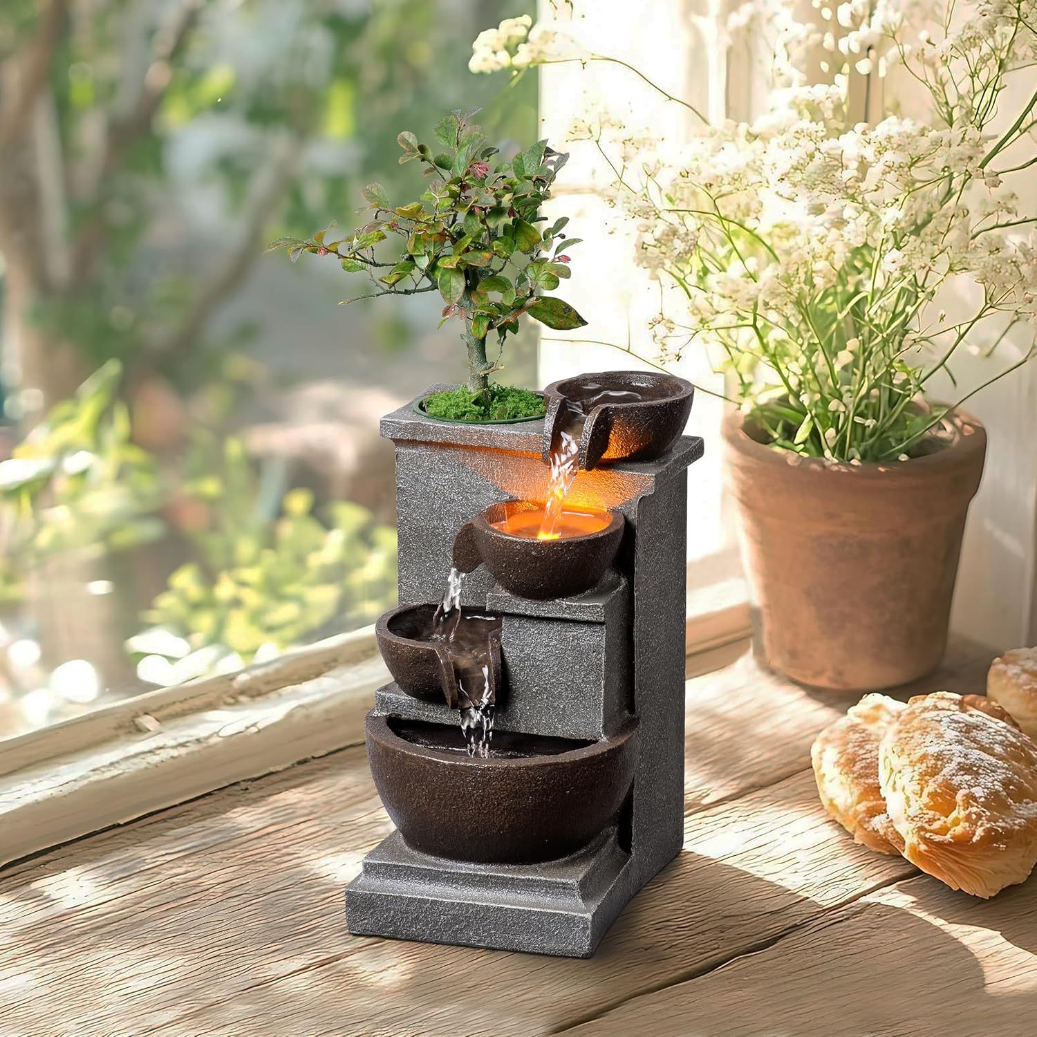 Tabletop Water Fountain Resin Retro Four Cups Vintage Room Decor Lavatory Indoor Decoration Relaxation Waterfall Zen Ambience