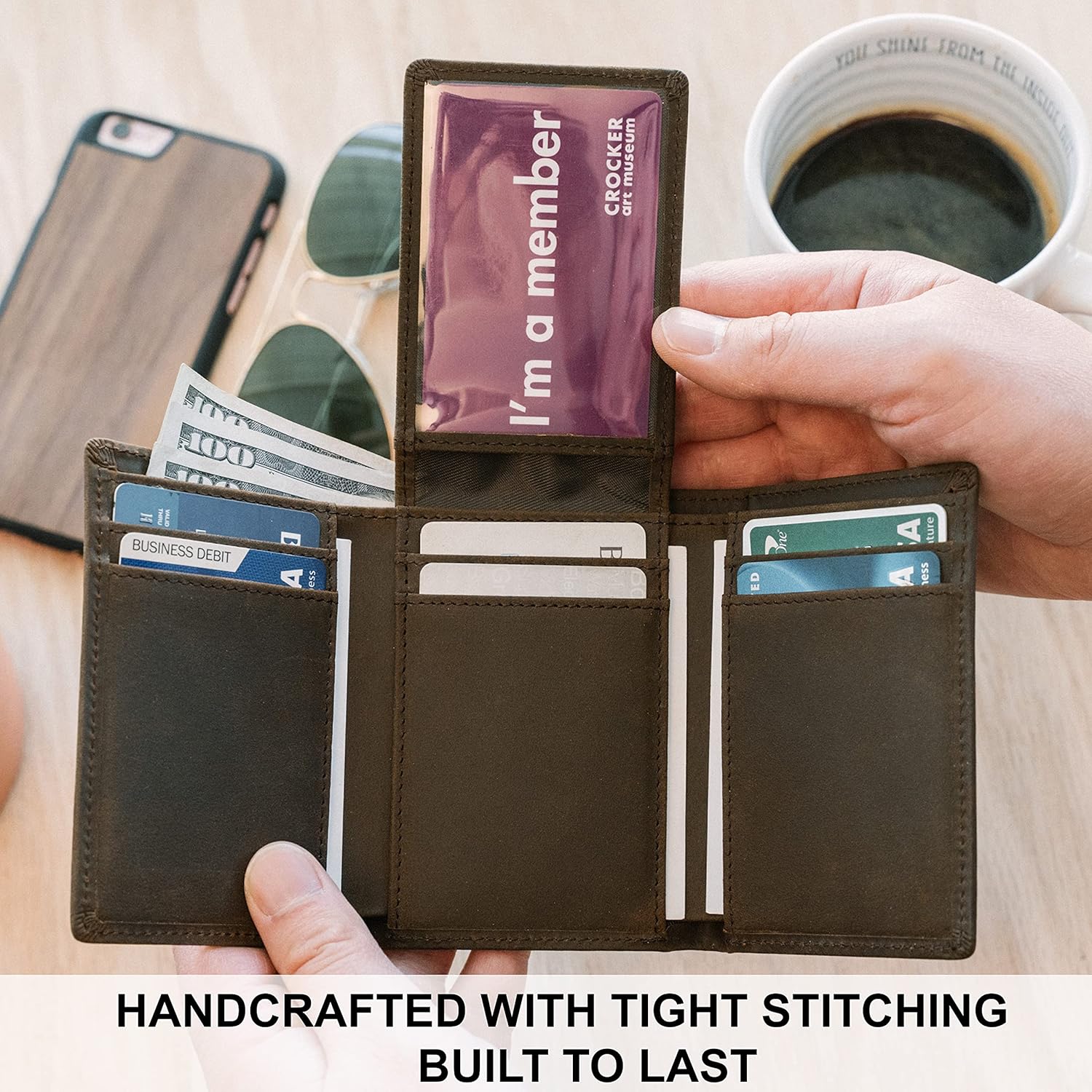 STAY FINE Men’s Leather RFID Trifold Wallet with Flip Up ID, Slim Extra Capacity Card Holder, Gift Ready, Brown - Image 3