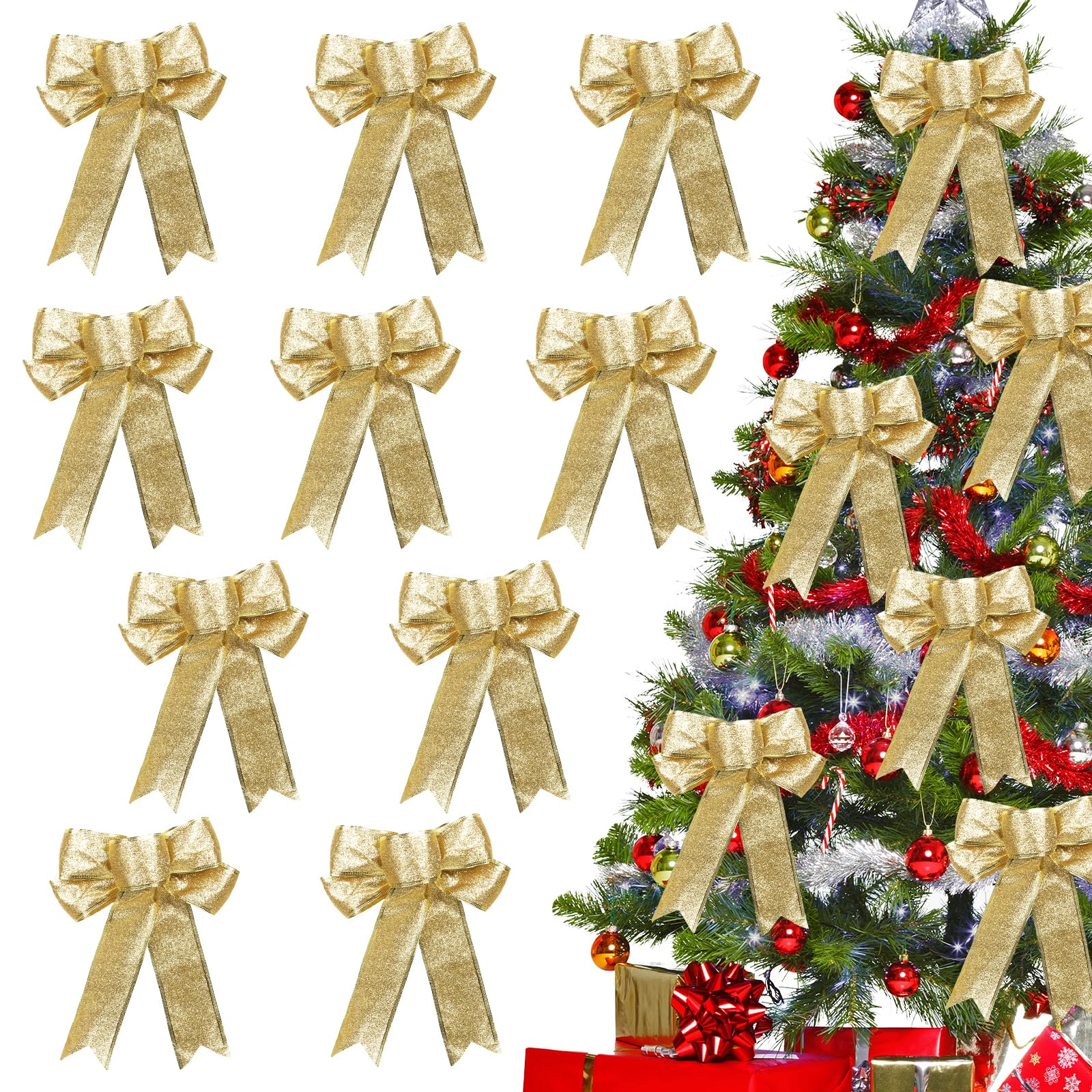 Creaher Gold 10Pcs Christmas Bows Xmas Tree Ornaments, Large Christmas Wreaths Bows Christmas Tree Decorations Bows, Glitter Red Christmas Bows For Presents Box Christmas Garland Christmas Tree Bows