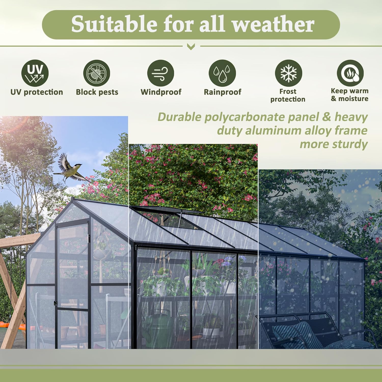 6x12 FT Polycarbonate Greenhouse, Heavy Duty Aluminum Green House with Double Flush Door, Walk-in Upgraded Greenhouse with Rain Gutter and Ventilation Window, Large Green House for Backyard, Black