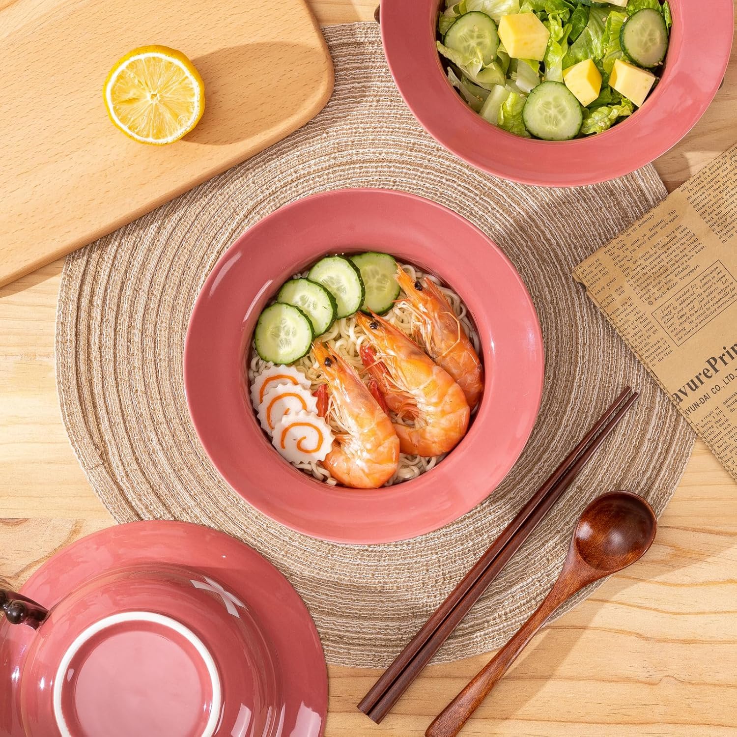 Straw Hat Ramen Bowl (Ceramic Bowl + Wooden Spoon + Chopsticks) for Anime Fans