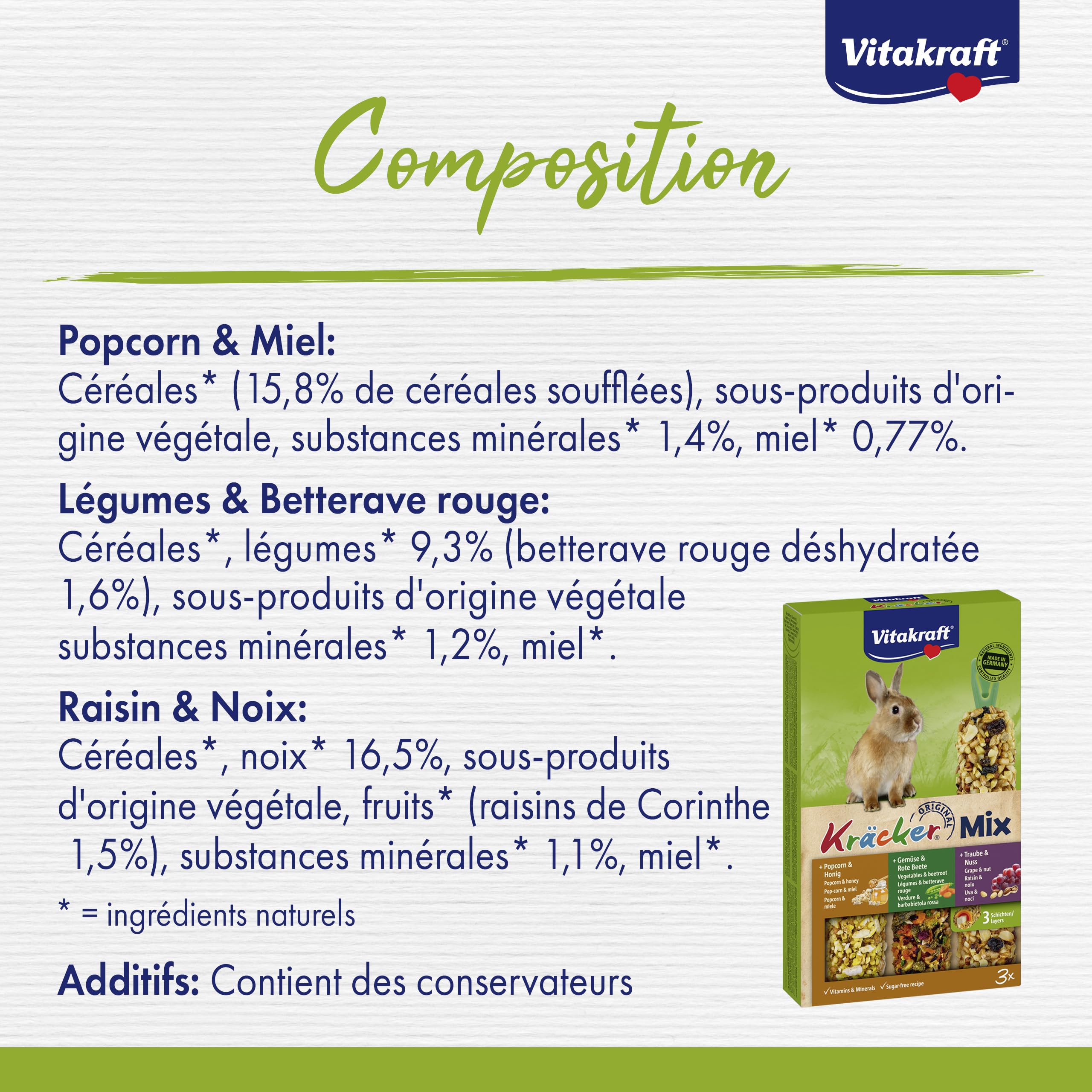 Vitakraft Kräcker Mix, bastoncini da sgranocchiare per conigli nani, con popcorn e miele, con verdura e barbabietola rossa, con uva e noci, senza l'aggiunta di zuccheri e cereali (1x 160g)