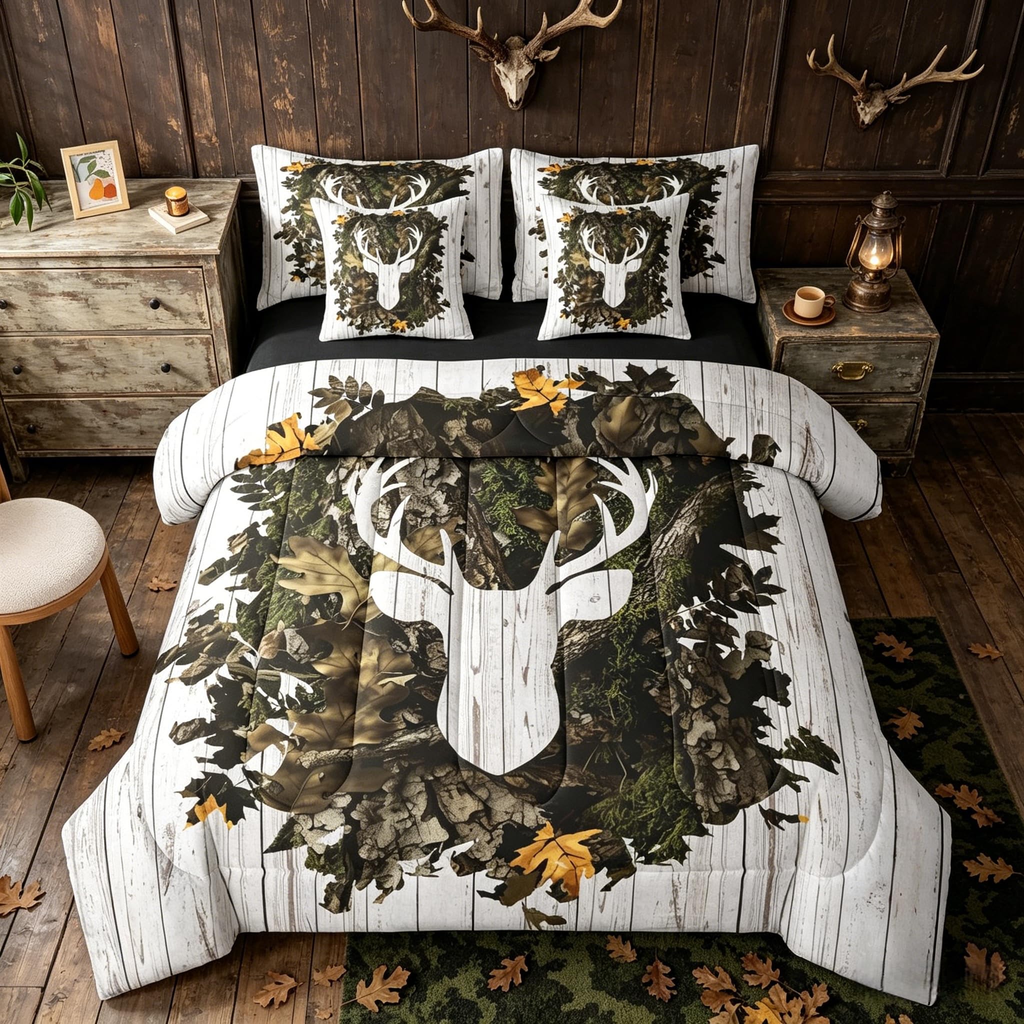 Erosebridal Camo Deer Antlers White Brown Kids 7 Piece Bedding Set Twin