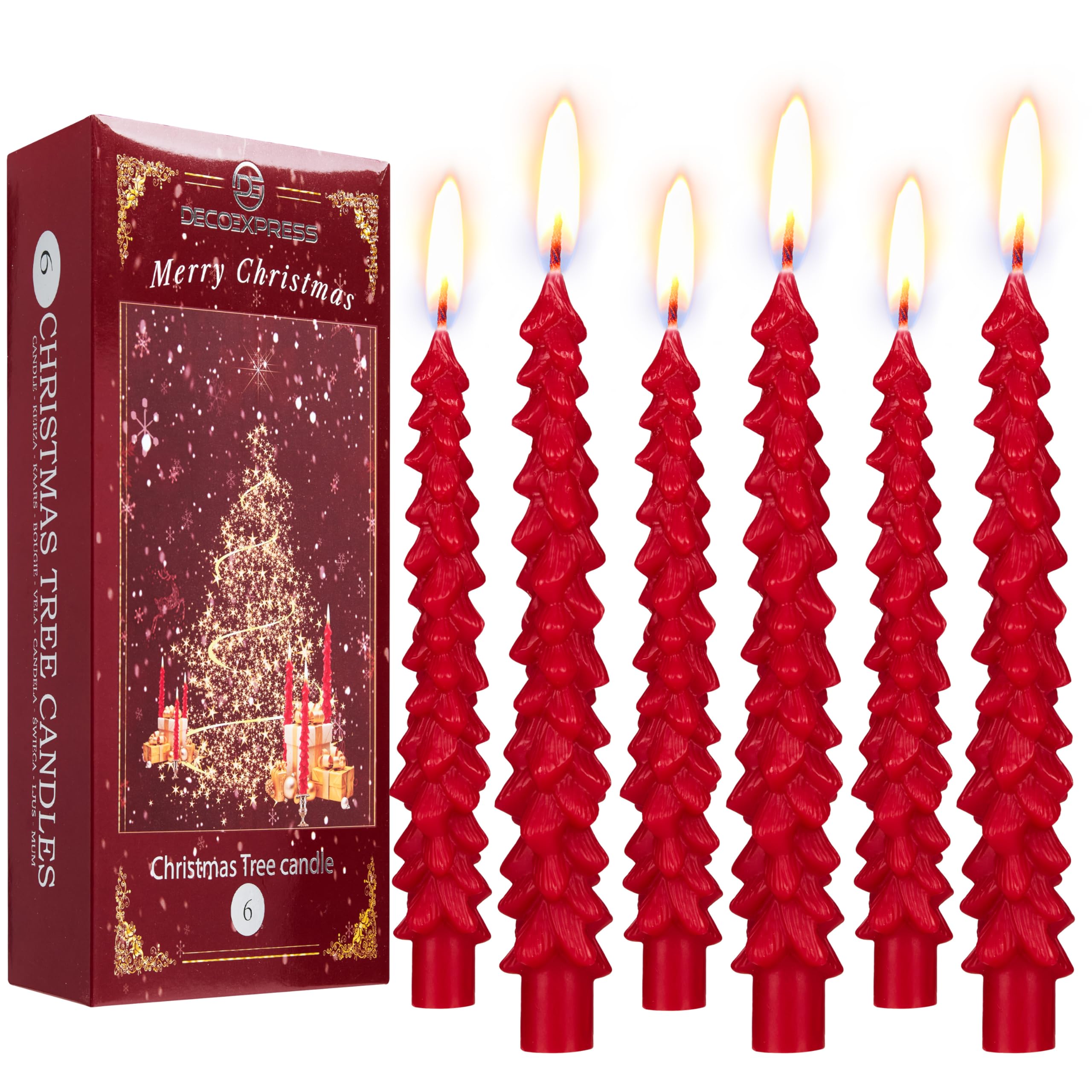 Deco Express Red Christmas Tree Candles Set Of 3 Or 6, Dinner Candles 7 Hr Burn, Table Centrepiece Festive Decor Xmas Holiday, Gift Set Home Decoration (, 6 Pcs)