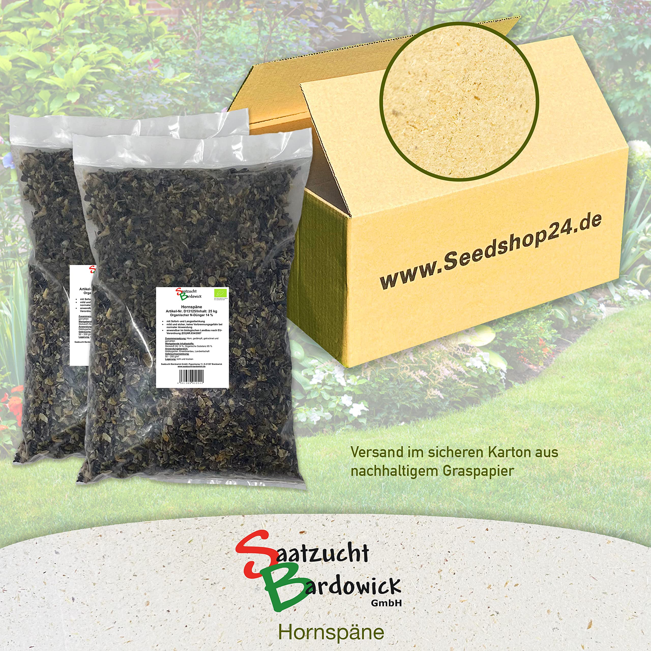 Hornspäne Naturdünger 50 kg (2 × 25 kg), 100% natürlicher Dünger mit 14% Stickstoff für Gemüse- und Ziergarten, Natürlicher Stickstoffdünger und Gartendünger mit Langzeitwirkung