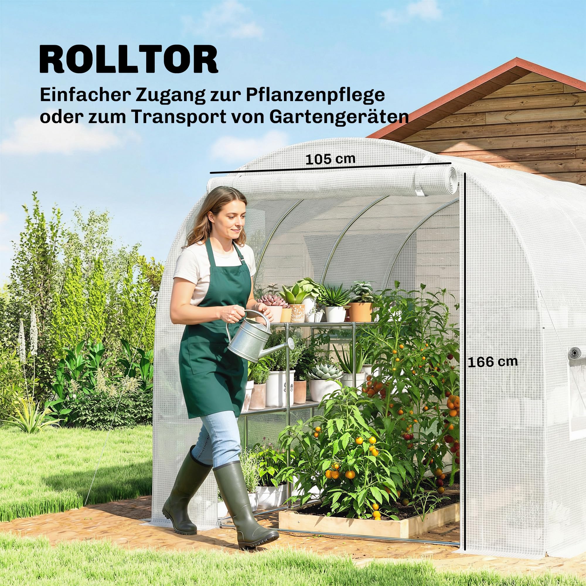 Outsunny Gewächshaus ca. 2,7 x 2 x 2 m Foliengewächshaus mit Regalen Rollbar Reißverschlusstür 6 Netzfenster Stützstangen, UV-beständig Folientunnel, Winterfest Tomatenhaus, Weiß