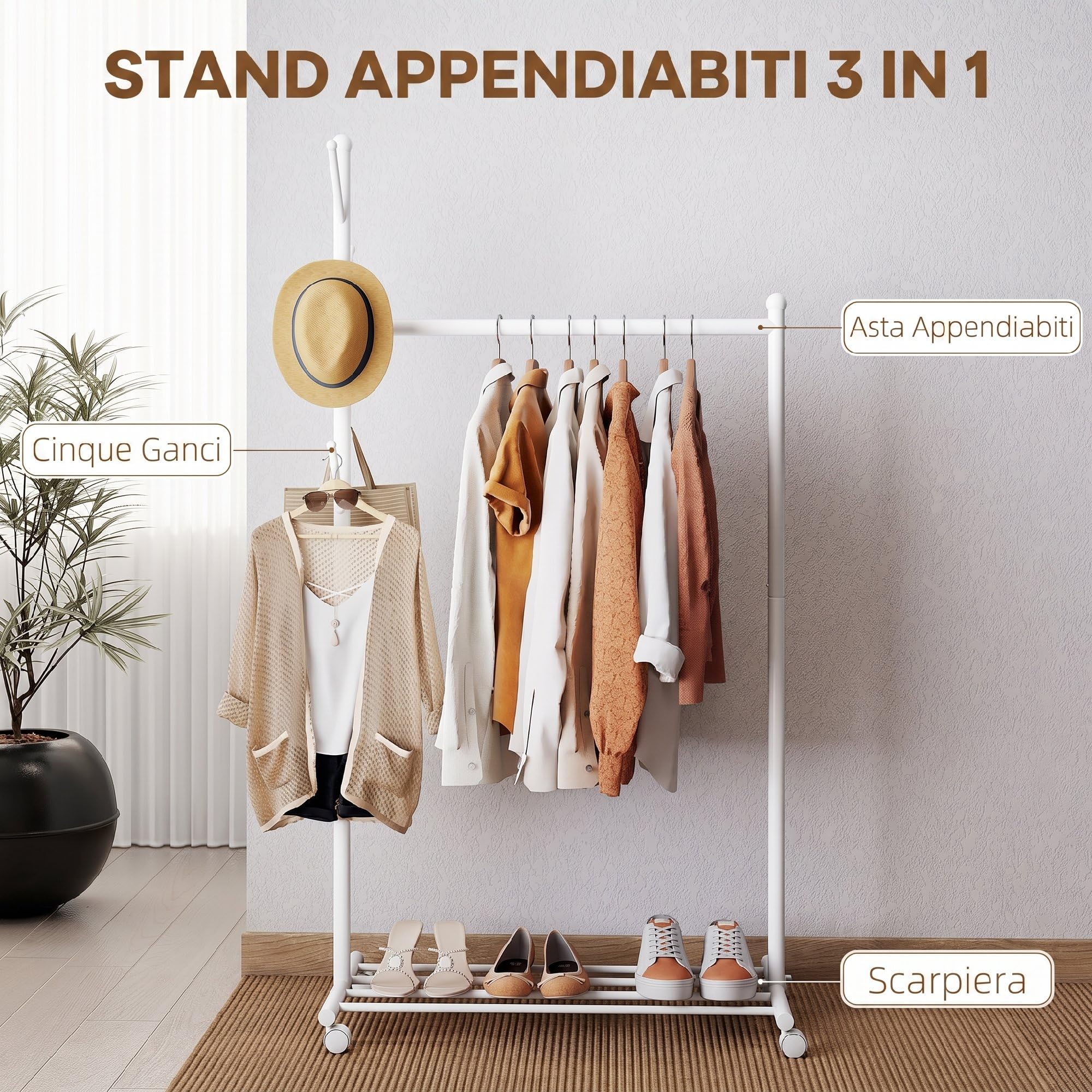 HOMCOM Appendiabiti da Terra con Ruote, 86x43x171 cm, Bianco