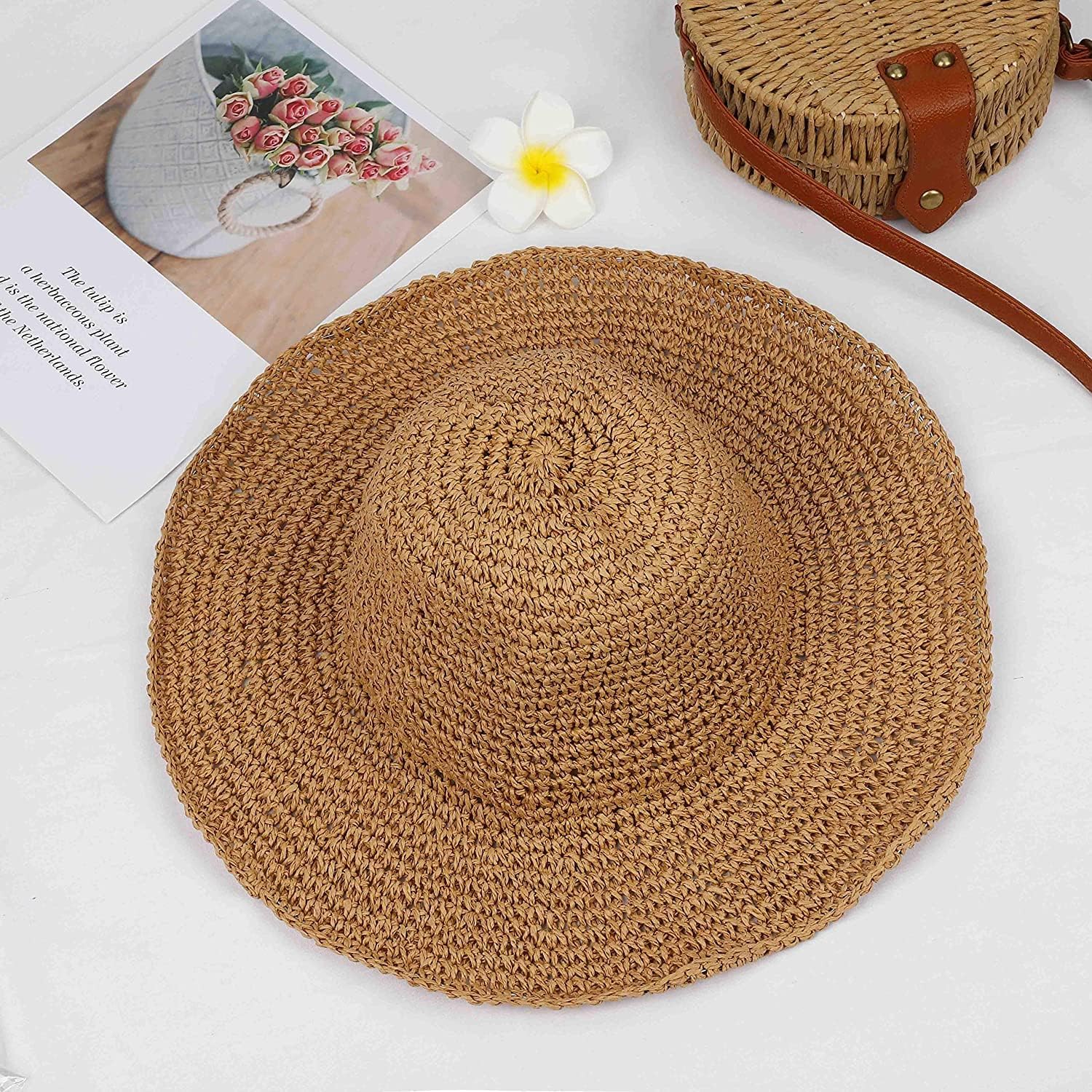 Women Straw Hat Wide Brim Beach Sun Cap Foldable Large Lady Floppy 100% Natural Paper Braided for Travel Summer Vacation - Image 3