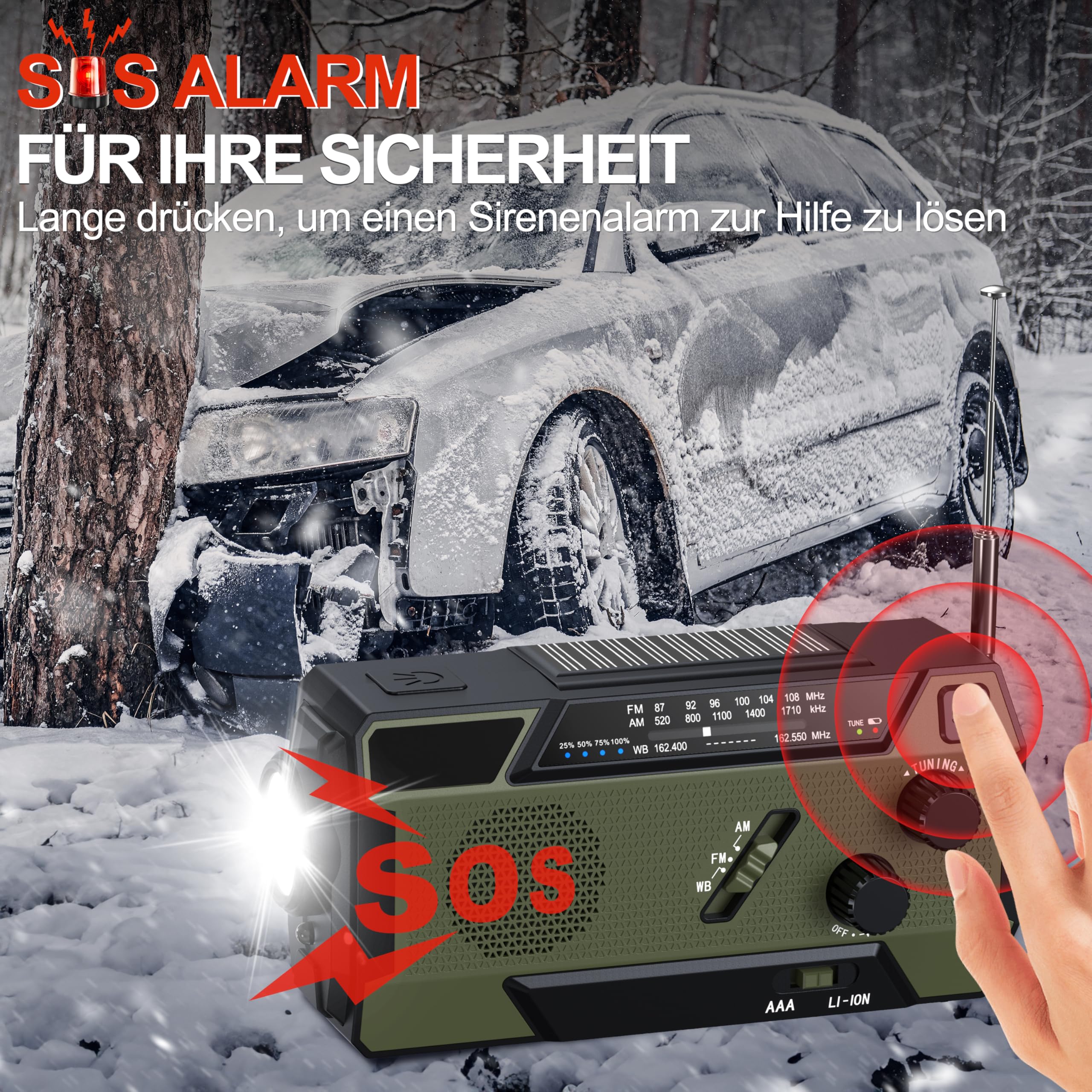 Radio d'urgence à manivelle - Récepteur mondial - 4000 mAh (14800 mWh) - Avec 3 câbles intégrés - Radio d'urgence avec manivelle et solaire - Fonctionne sur piles - AM/FM/WB - Alarme SOS - Lampe de