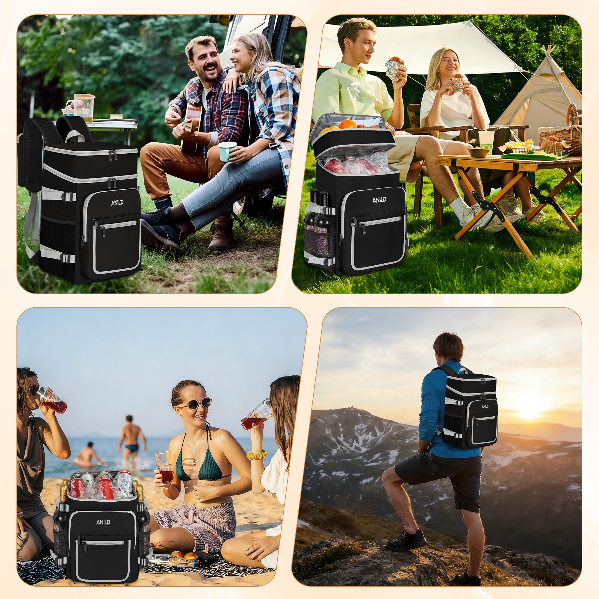 40 Dosen Isolierter Kühlrucksack 30L, Thermo Rucksack Groß, Auslaufsichere wasserdichte Picknickrucksack Kühltasche, Picknicktasche Lunchtasche für Camping, Picknick, Grill und Wandern