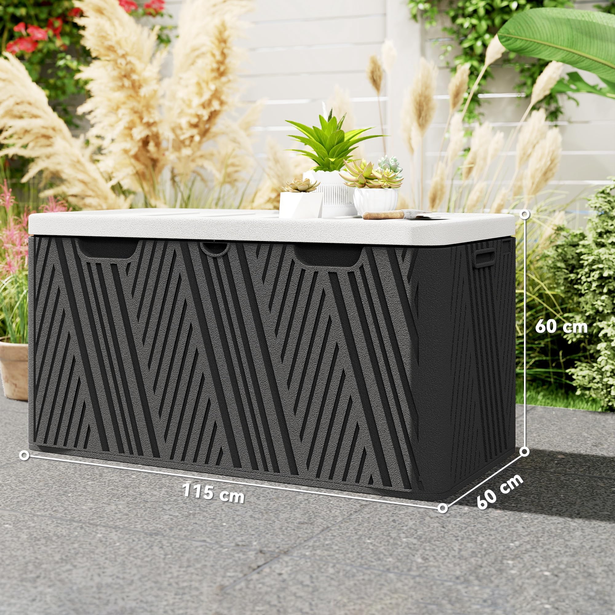 Outsunny Baule da Esterno da 380L Impermeabile in HDPE, Cassapanca Contenitore da Esterno con Coperchio a Leva e 2 Maniglie Laterali, Protezione UV, 115x60x60 cm, Nero e Grigio