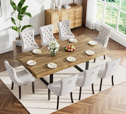 Miniatura 29 de Juego de mesa de comedor extensible marrón de 63 a 78.74 pulgadas para 6, juego de mesa de comedor de 7 piezas con 6 sillas tapizadas, mesa de Mesa