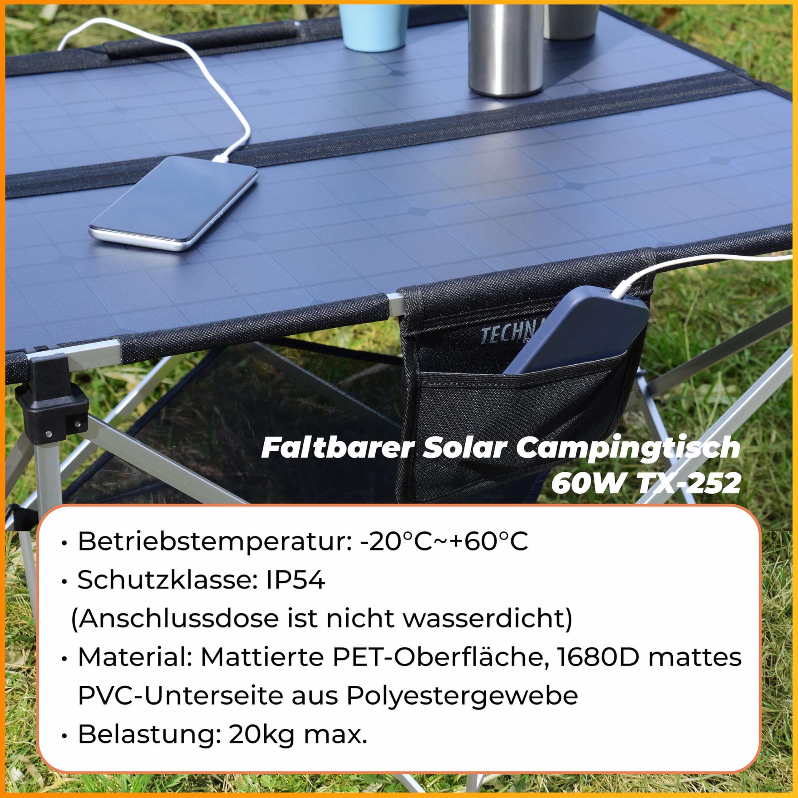 Technaxx 60W klappbarer Solar-Campingtisch TX-252, Tragbares Monocrystalline Solarpanel-Ladegerät mit 3xUSB-Ladeanschlüssen, DC-Ausgang und Robustes Design – Ideal für Camping und Outdoor
