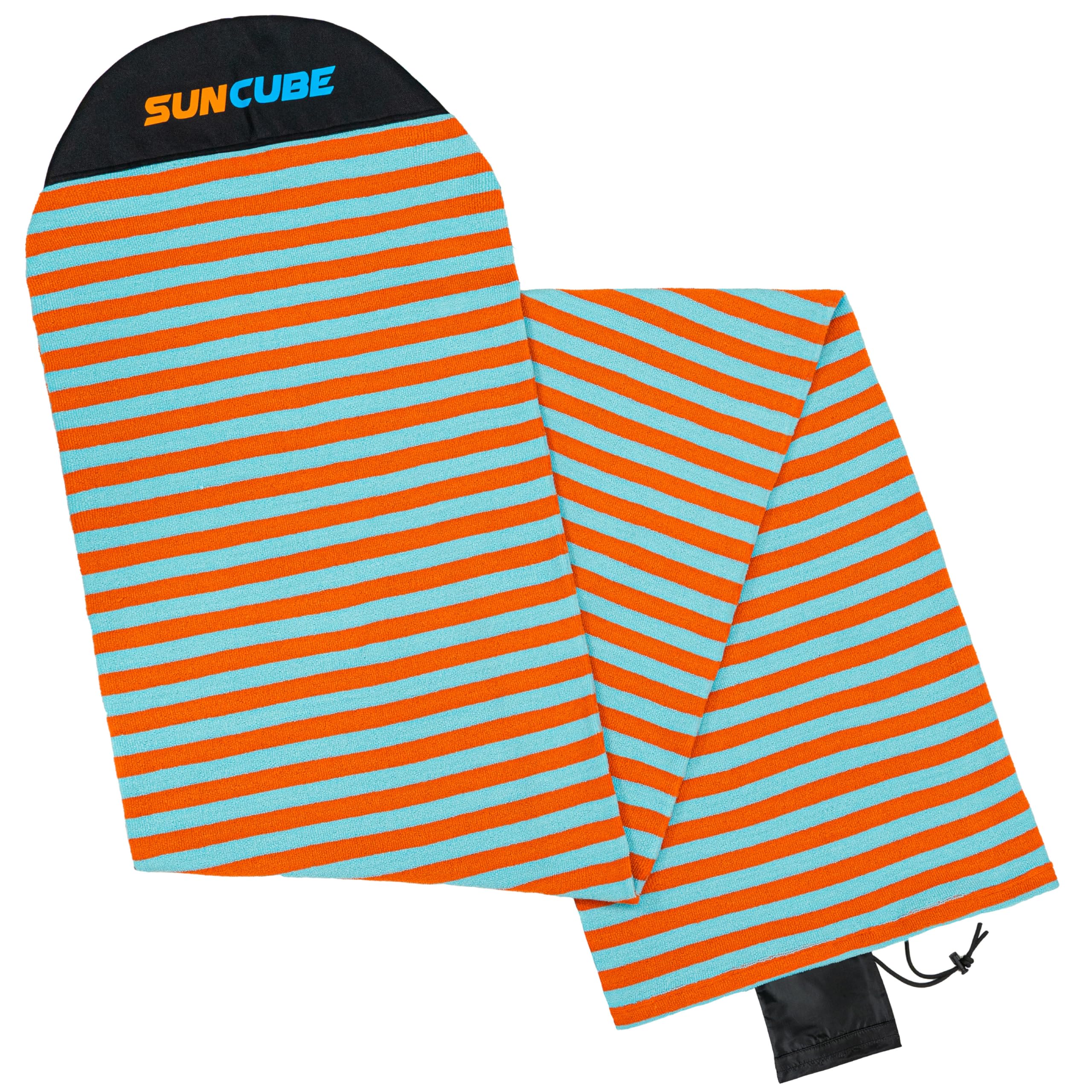 SUN CUBE Surfboard Sock Cover, Prevents Wax in Car, Stretchy Protective Surf Bag for Shortboard, Fish, Funboard, Longboard, Reinforced Nose, Drawstring, Machine Washable (8'0'', Sunset Orange)