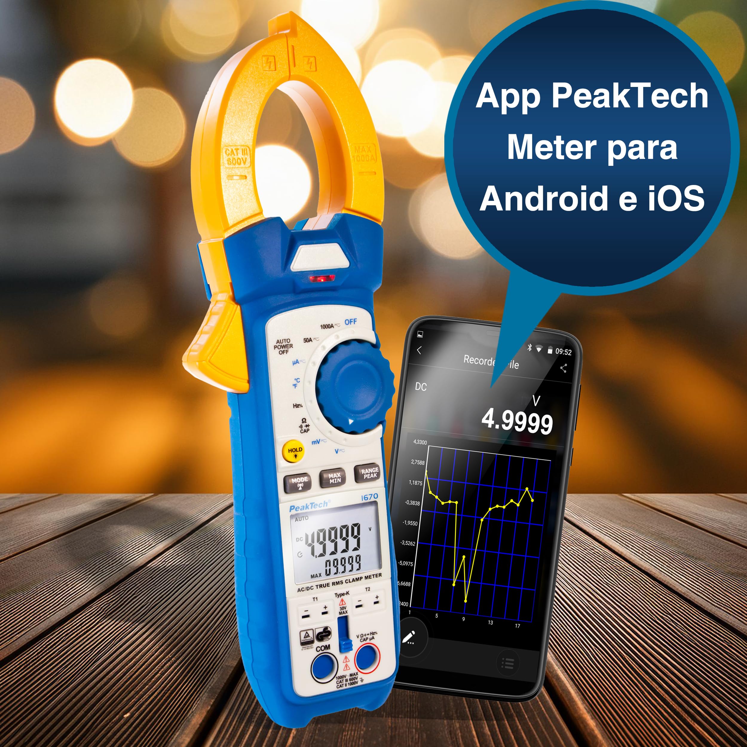 PeakTech 1670 Pinza Amperimétrica RMS 4.0 Bluetooth 1000A AC/DC 50000 Cuentas Multímetro
