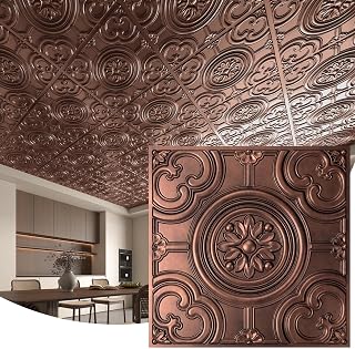 WOWSTAR 12-Pack 24x24 Drop Ceiling Tiles Antique Copper - Waterproof Glue-Up Panels, Easy Install PVC for T-Bar Grids & Walls