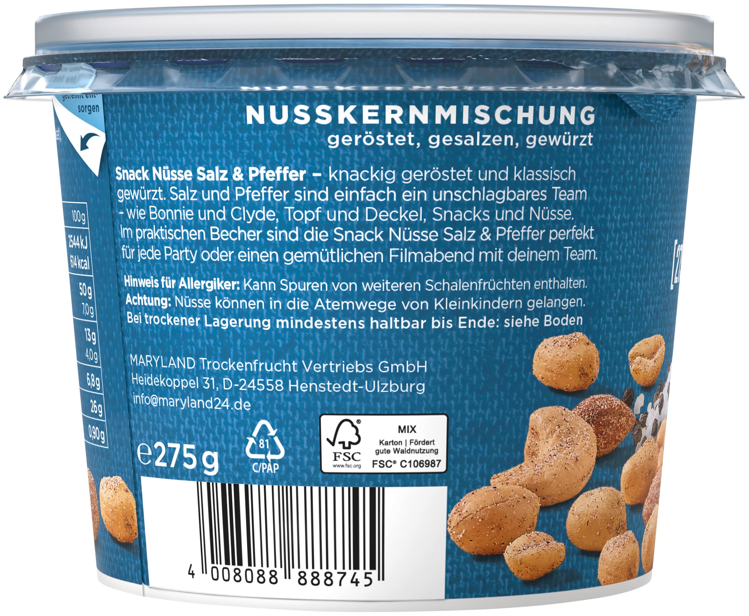 Maryland Snack Nüsse Salz & Pfeffer 275g Becher Vorratspack - Erdnüsse, Cashewkerne und Mandeln in Nussmischung - knackig-lecker gewürzt und geröstet - wiederverschließbarer Becher (6 x 275g)