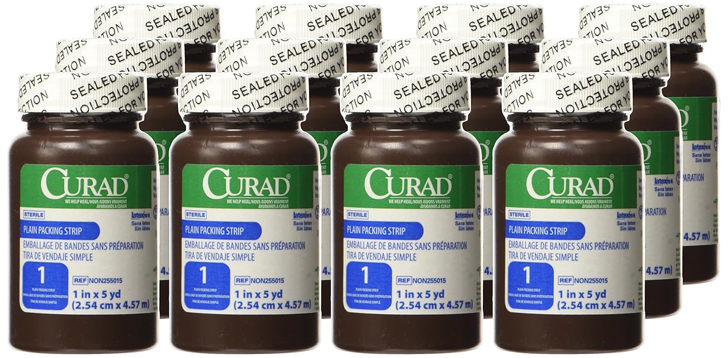 CURAD Sterile Plain Packing Gauze Strips, 1" x 5 yds., Essential Wound Care Supplies, Pack of 12