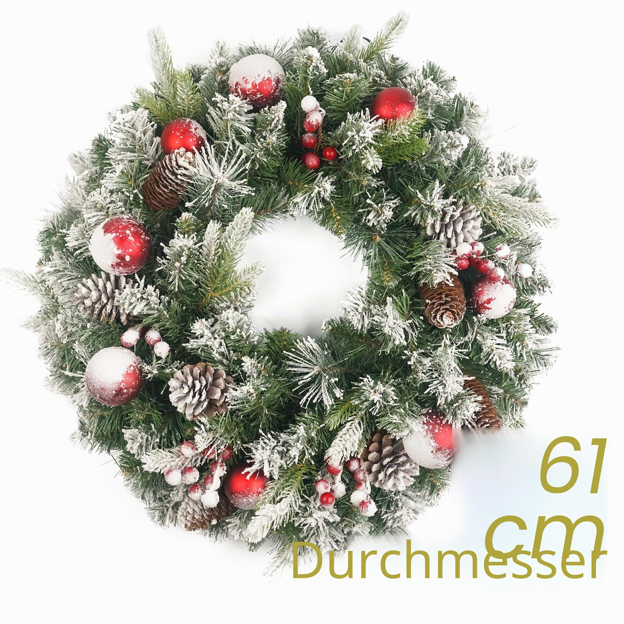 Beflockter Weihnachtskranz Vorbeleuchtet 61.0 cm mit 50 Licht & Rot Kugel Tannenzapfen Künstliche Weihnachtskränze für Haustür mit Lichtern Kranz für Weihnachtsdekoration Tür Fenster Wand Grün
