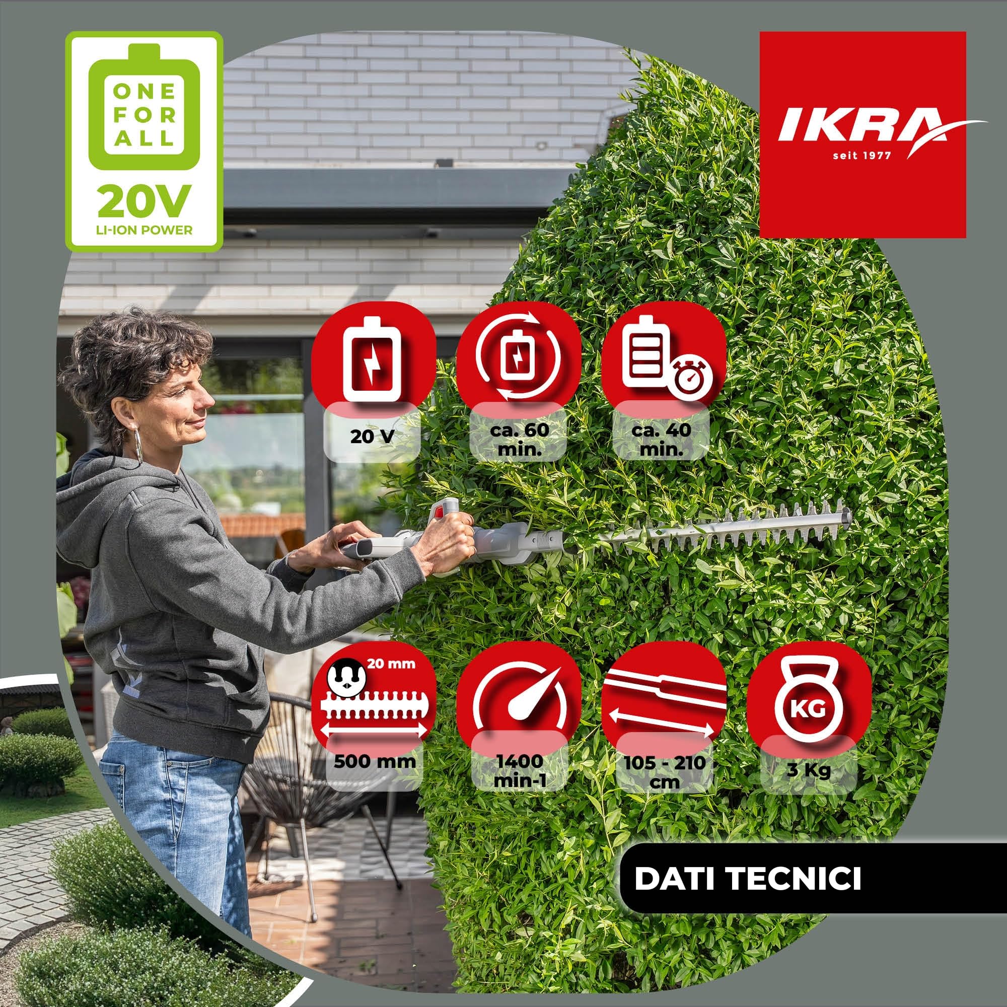 IKRA tagliasiepi ICPH 2050 2in1 con asta telescopica, incl. 2 batterie 20V 2,0Ah, stazione di ricarica rapida e tracolla