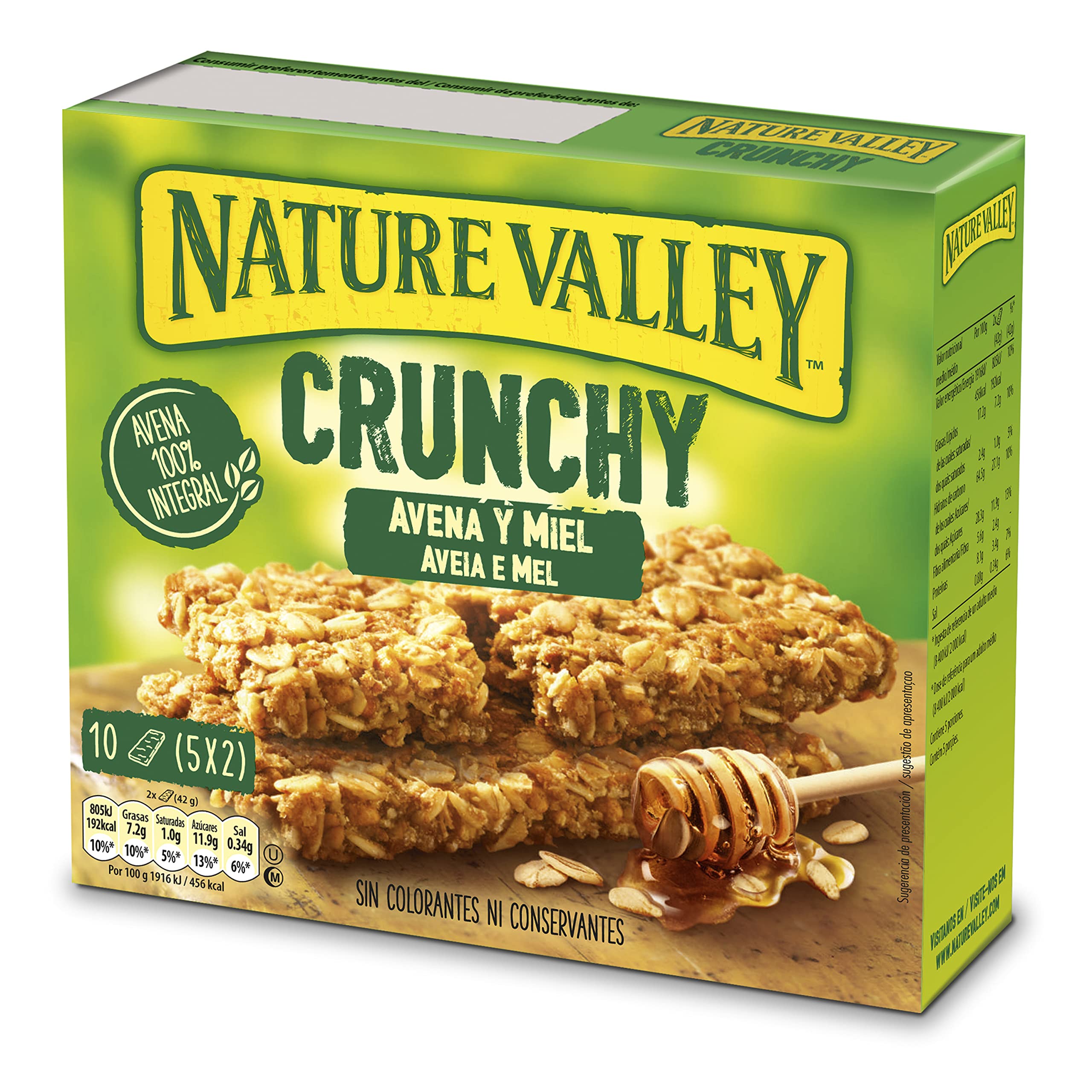 Nature Valley Crunchy, Barritas de Avena 100% Integral y Miel, Sin colorantes, Ingredientes naturales, Apto para Vegetarianos, 5x42g (2 barritas por paquete)
