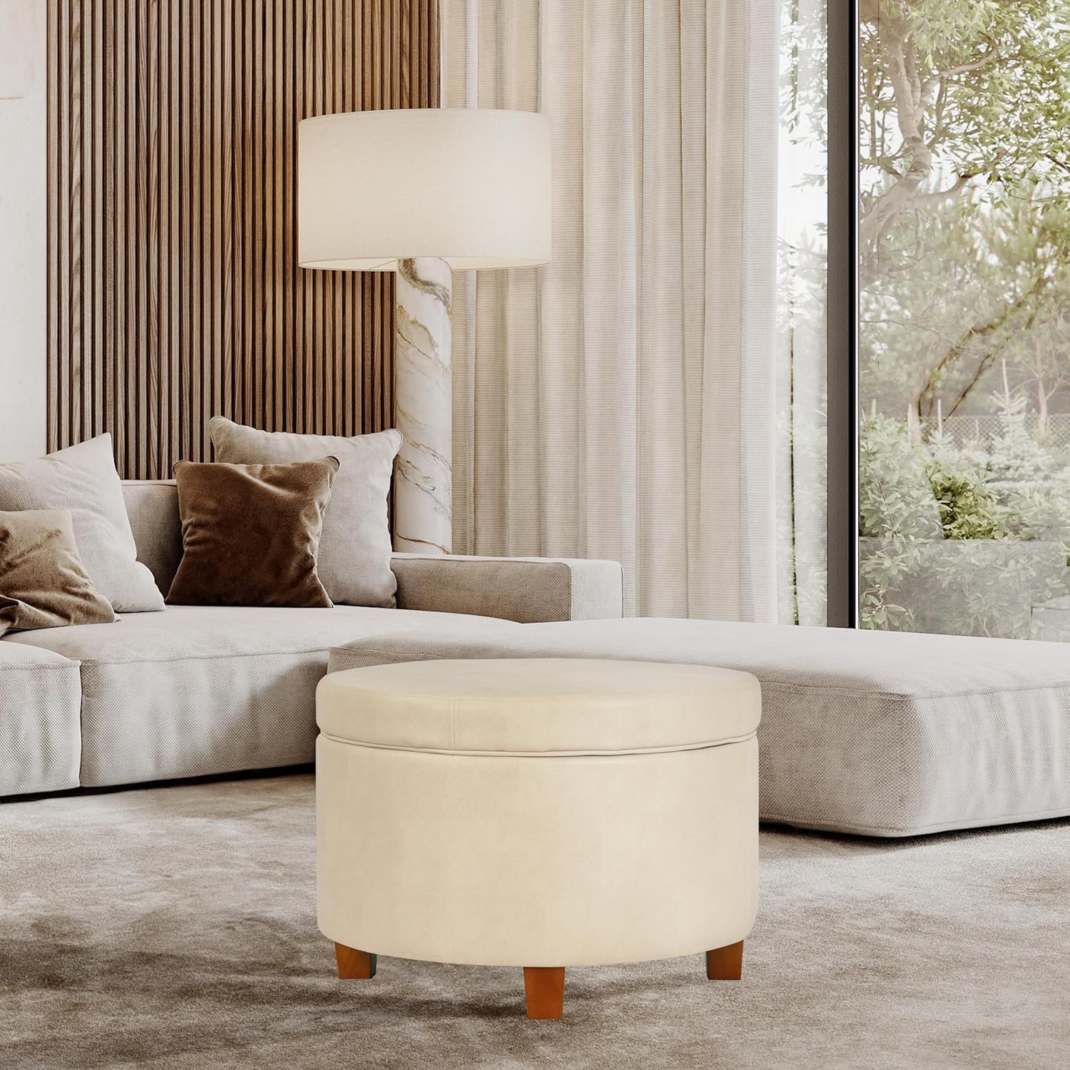 HomePop Large Leatherette Round Storage Ottoman with Removeable Lid, Cream