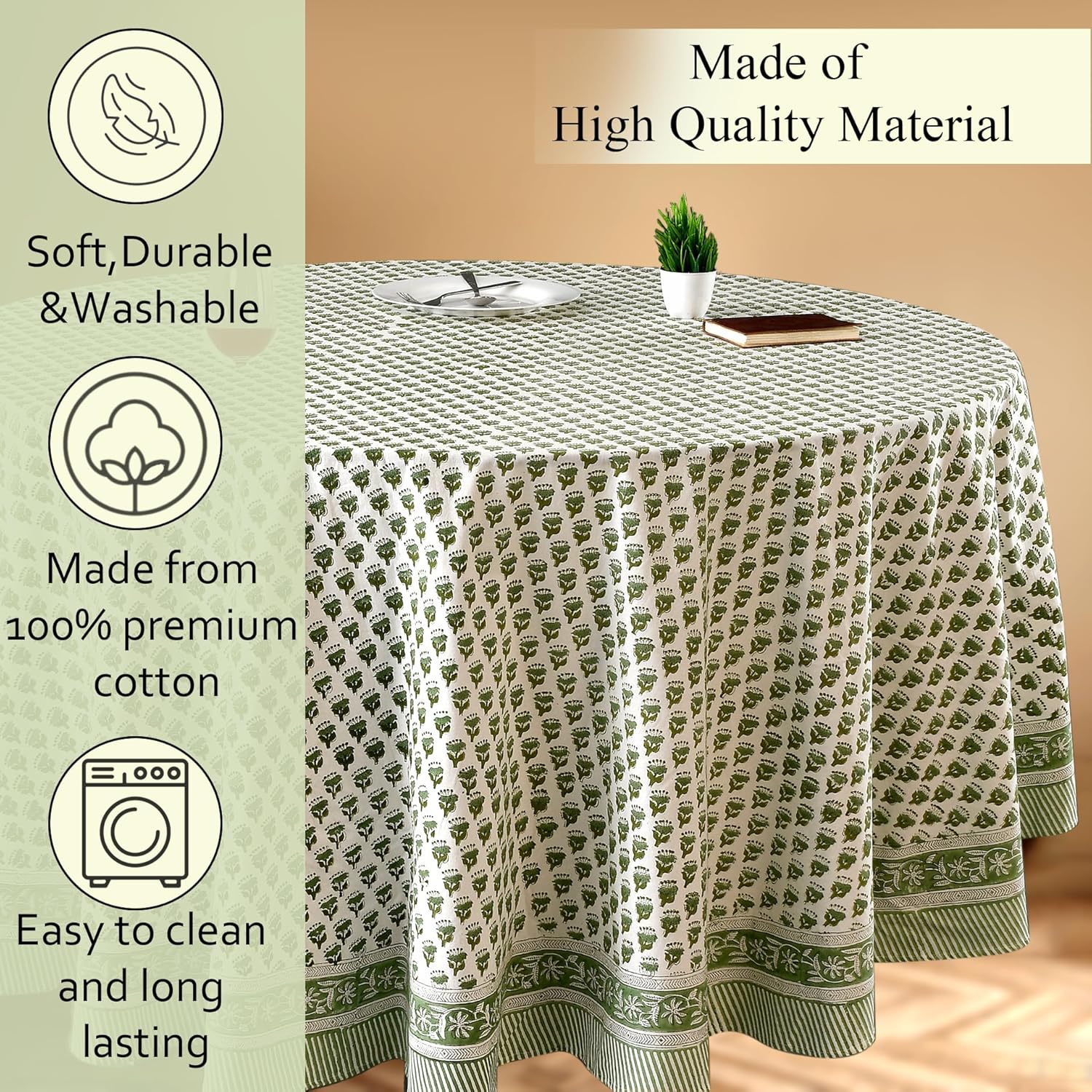 CPC Round Tablecloth- Cotton Indian Block Print Tablecloth -Handmade Printed Washable Cotton Table Cloth - Spring/Summer, Wedding Table Cover - Emerald Green 60 Inches - Image 6