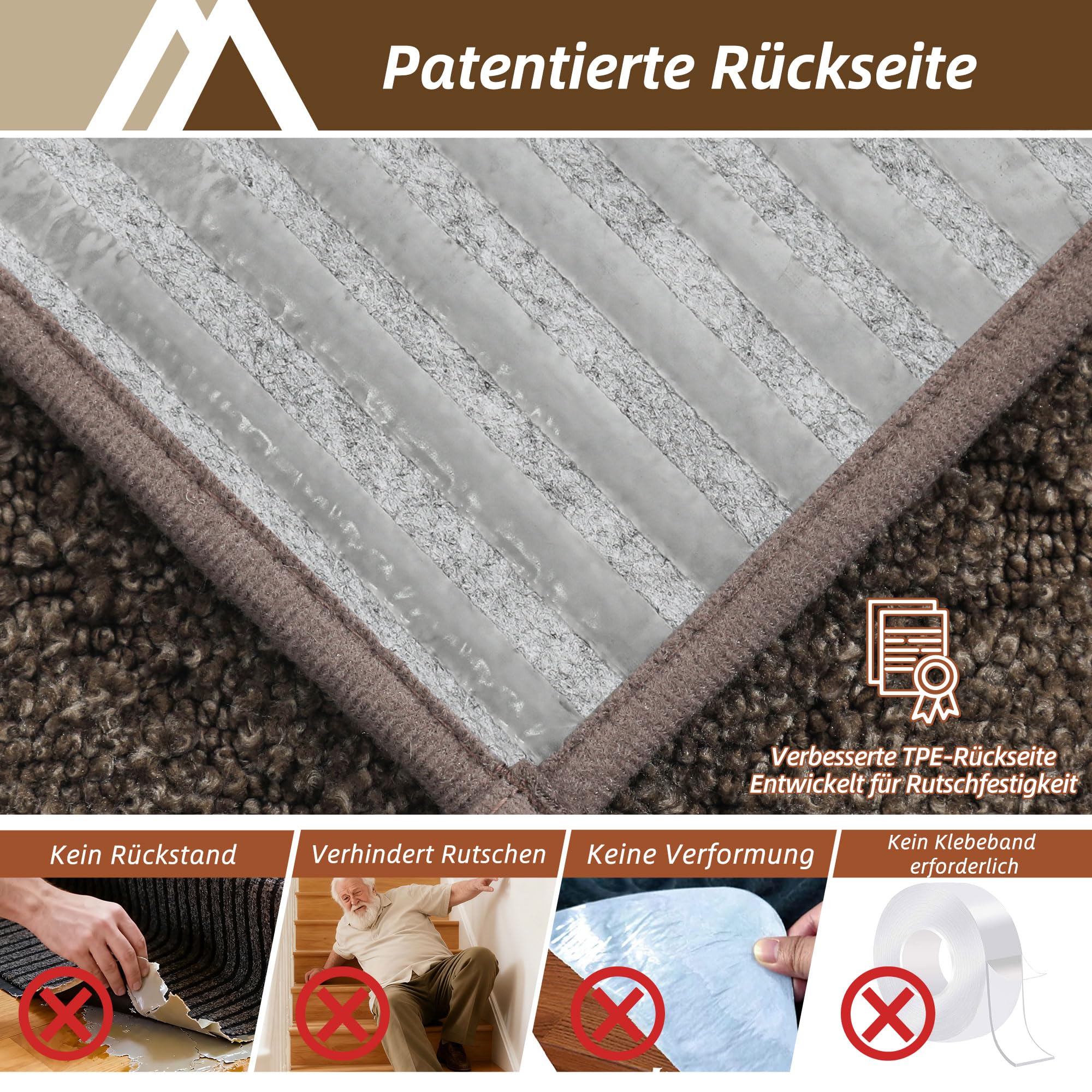 COSY HOMEER 15 Stück Treppenstufen Matten, 70 x 22 cm, Braun | Stufenmatten Selbstklebend, Rutschfest ohne Kleben, 100% Polyester, TPE-Rücken, waschbar, für Kinder, Senioren und Haustiere