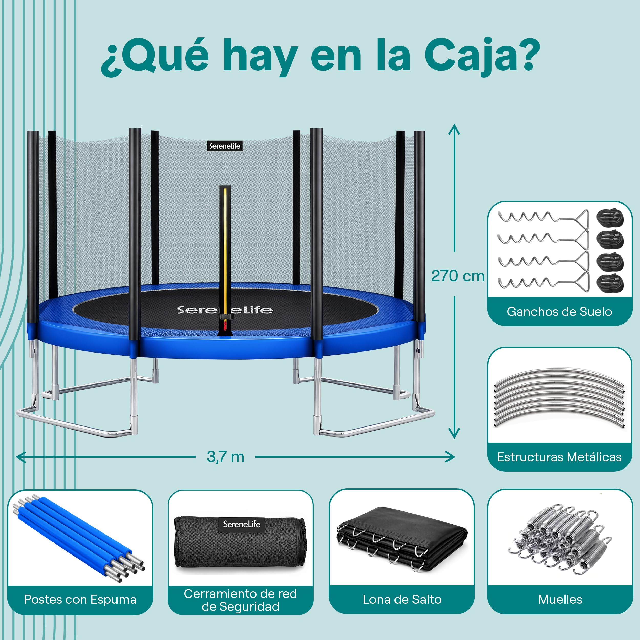 SereneLife trampolin Exterior, Cama Elastica, con Red de Seguridad, Estable, Revestimiento antioxidante