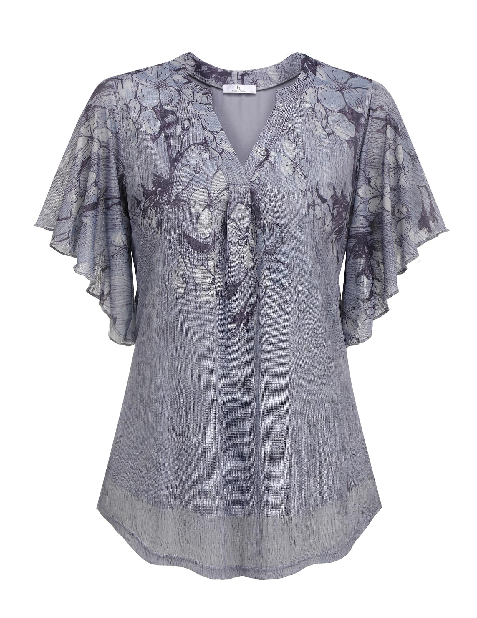 HOTOUCH Plus Size Womens Ruffle Short Sleeve V Neck Blouses Double Layers Mesh Shirts Loose Flowy Tunics Tops