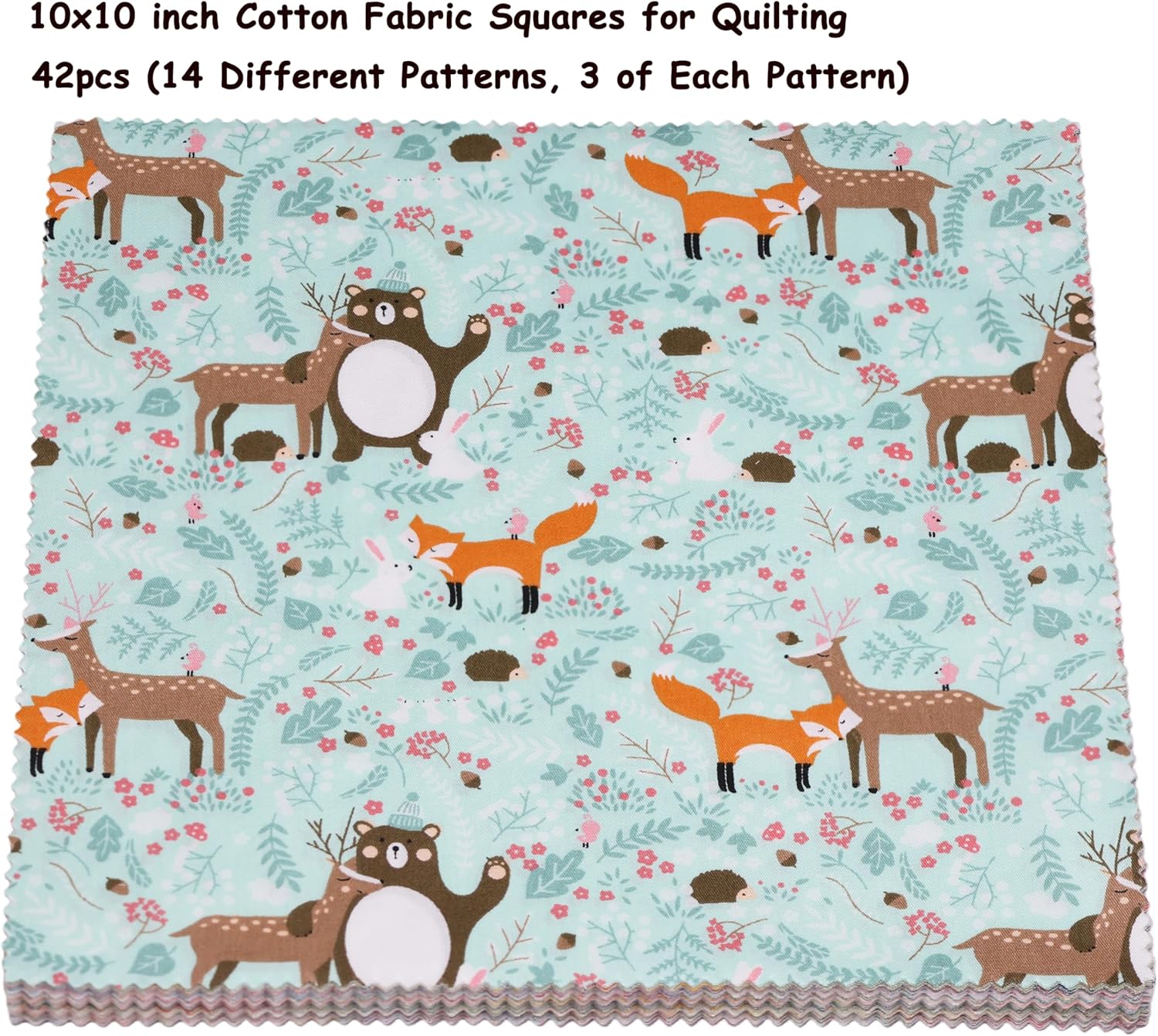 42Pcs 10x10 Cartoon Animal Print Baby Cotton Quilt Fabric Squares, Kids Layer Cakes 10 inch Squares for Quilting - Layer Cake Fabric for Quilting 10 inch - for Sewing, Quilts, and Blanket