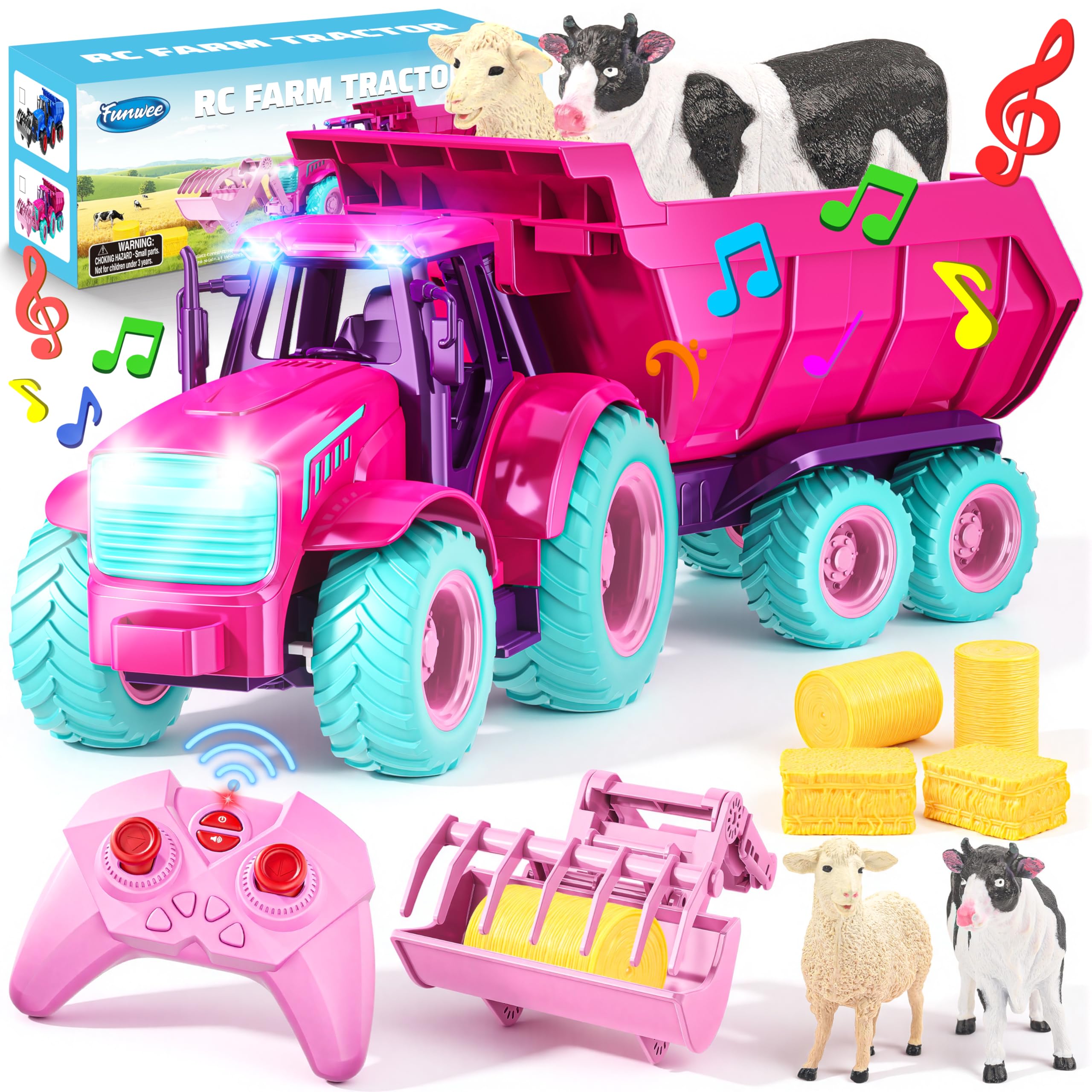 Funwee RC Tractor Toy Set with Light & Sound, Kids Farm Car Animal Trailer Wheels Remote Truck, Outdoor Vehicle Toys Birthday Gift Idea for 3 4 5 6 7+