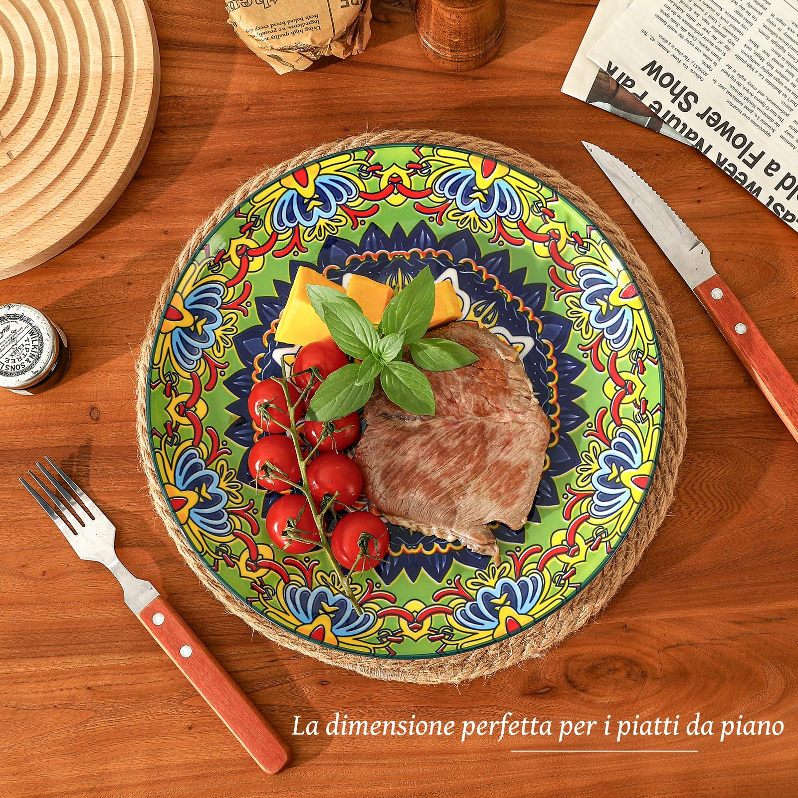 AHX Set di 6 Piatti Piani in Ceramica - Piatti Colorati Grandi per Portate Principali, Pasta, Insalata e Bistecca - Stile Bohémien - Adatti a Microonde e Lavastoviglie - 26,7 cm