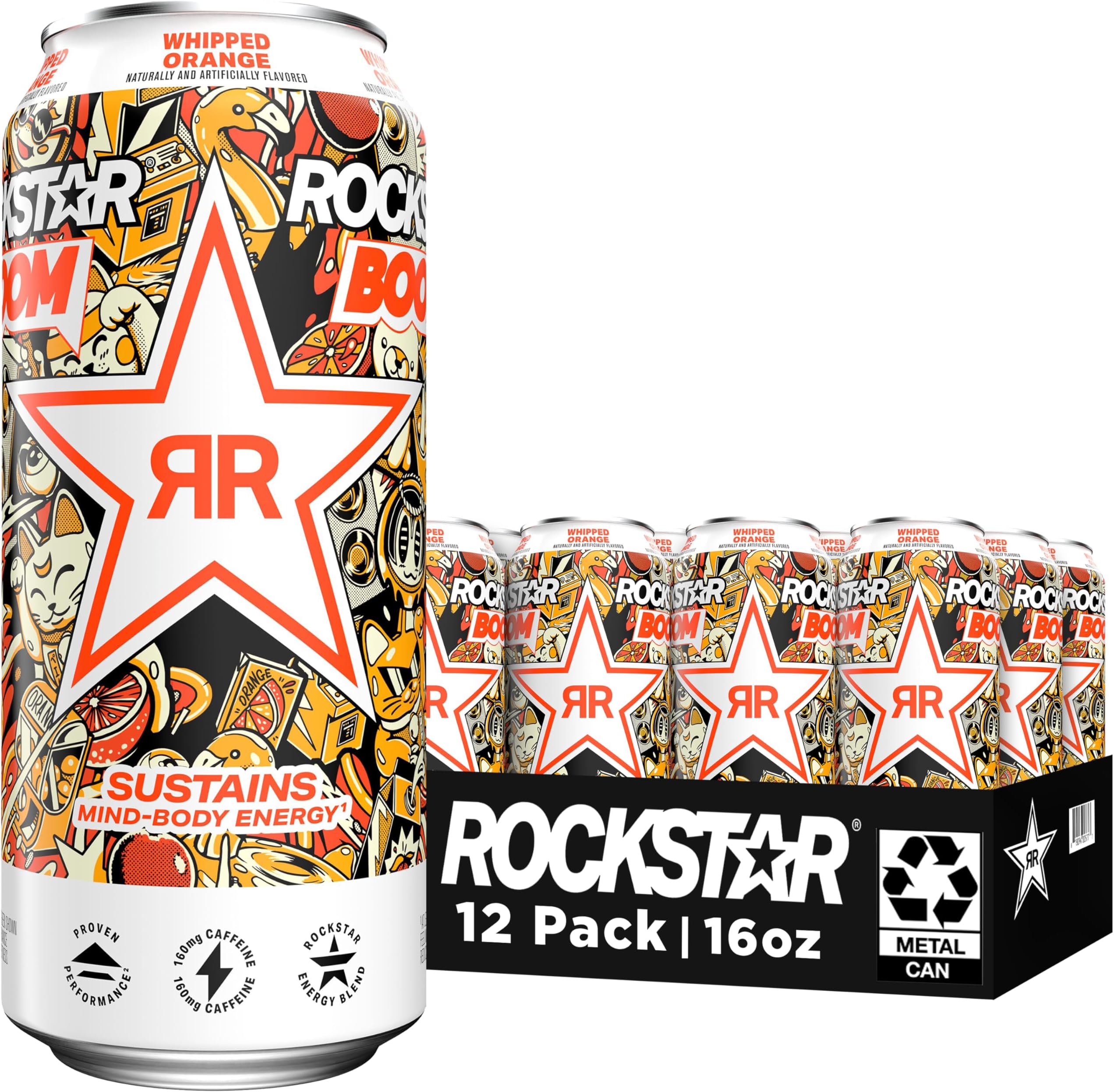 Rockstar Energy Drink Boom Whipped Orange, 16 Fl Oz (Pack of 12)