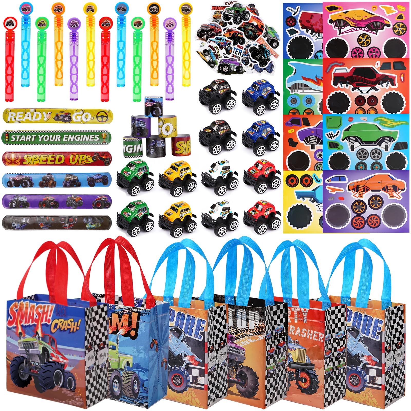 Vanblue Truck Car Party Favors Set Cars Themed Birthday Party Decorations Supplies 110Pcs Slap Bracelet DIY Sticker Gift for Boy Kids Treat Bags