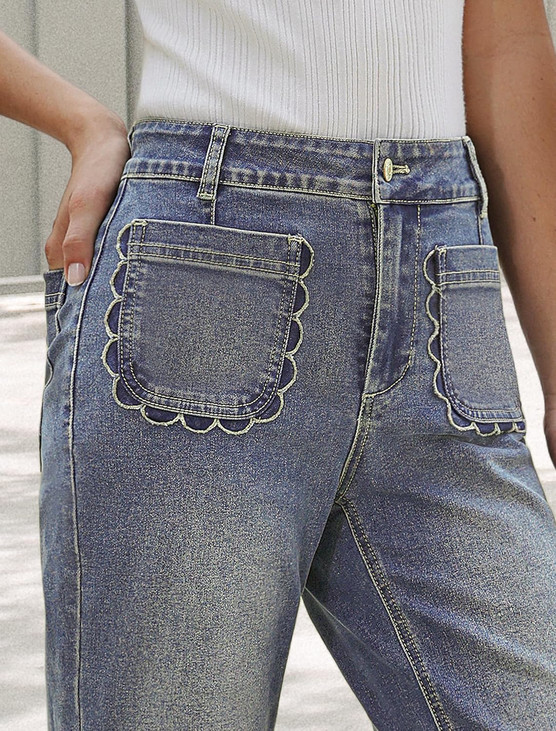 IWD Wide Leg Jeans for Women High Waisted Trendy Scallop Pocket Flare Jeans Stretchy Baggy Cropped Denim Pants - Image 6
