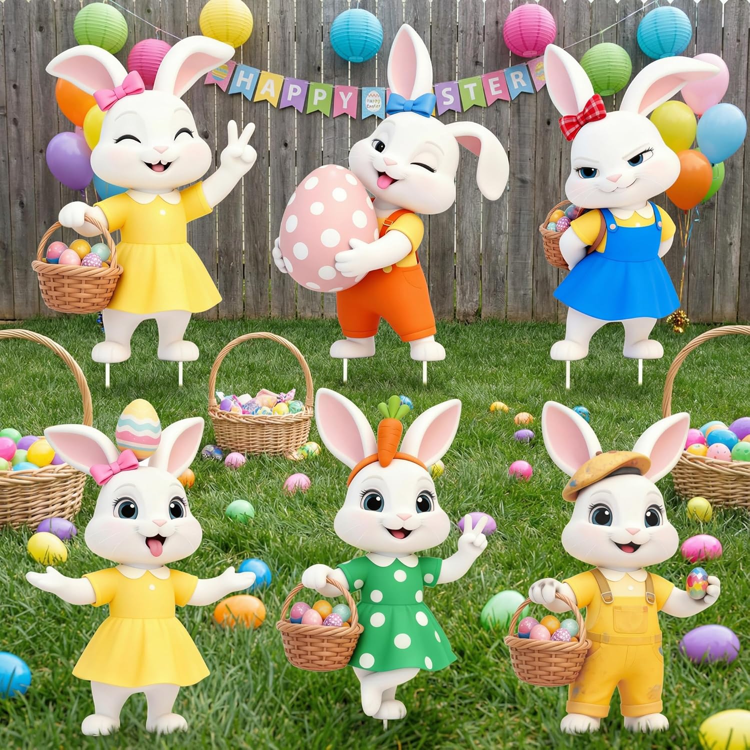 6 PCS Easter Bunny Yard Signs Decorations,Easter Decorations Outdoor with Stakes,Durable Lawn Signs for Garden, Spring Outdoor Home Decor